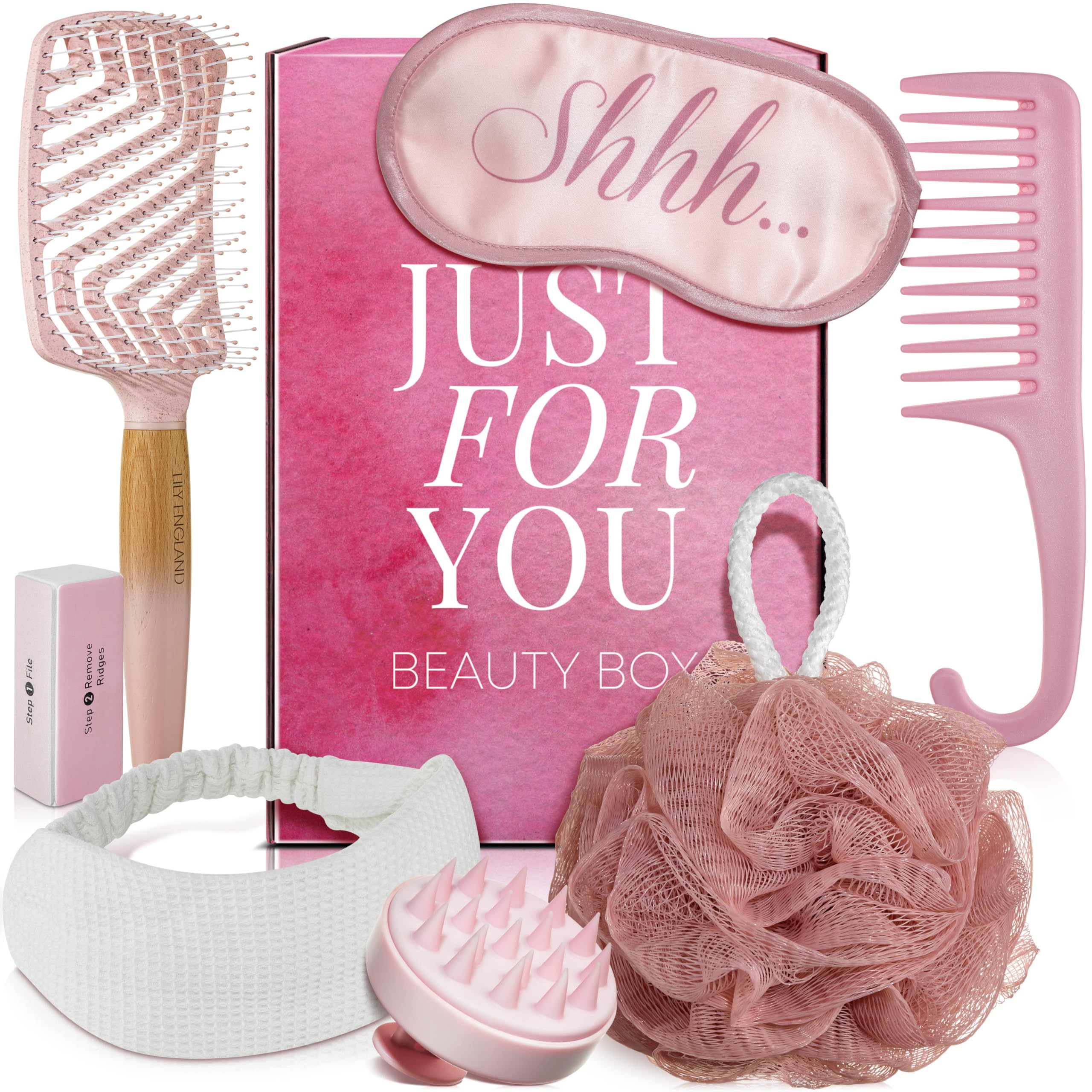 Lily England 7-Piece Gift Set for Women - Luxury Self-Care Beauty Gift for Women & Teenage Girls with Hair Brush, Wide-Tooth Com