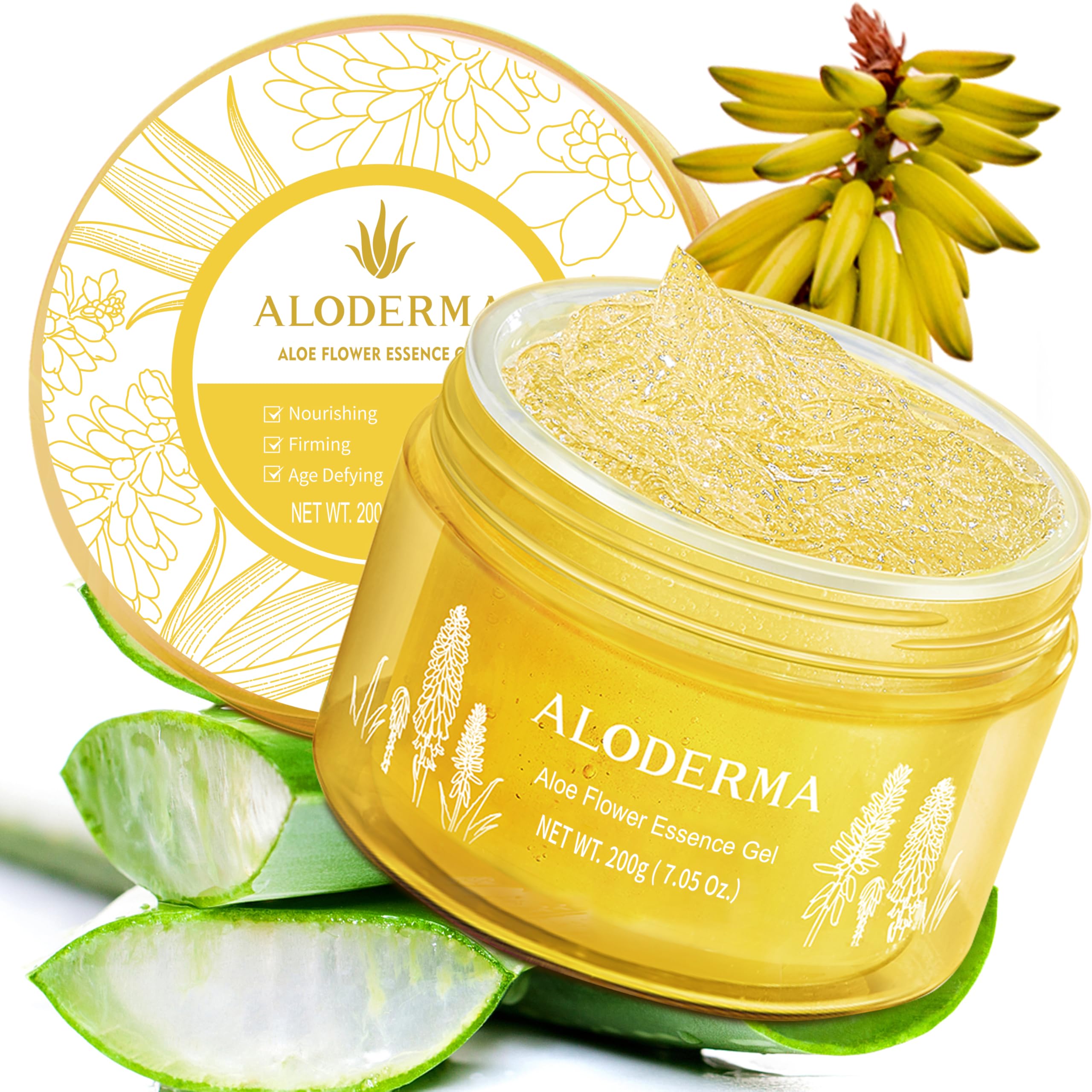 Aloderma Age-Defying 24K Gold Leaf Aloe Flower Essence Gel, Made within 12 Hours of Harvest - Luxurious Aloe Gel with Allantoin 