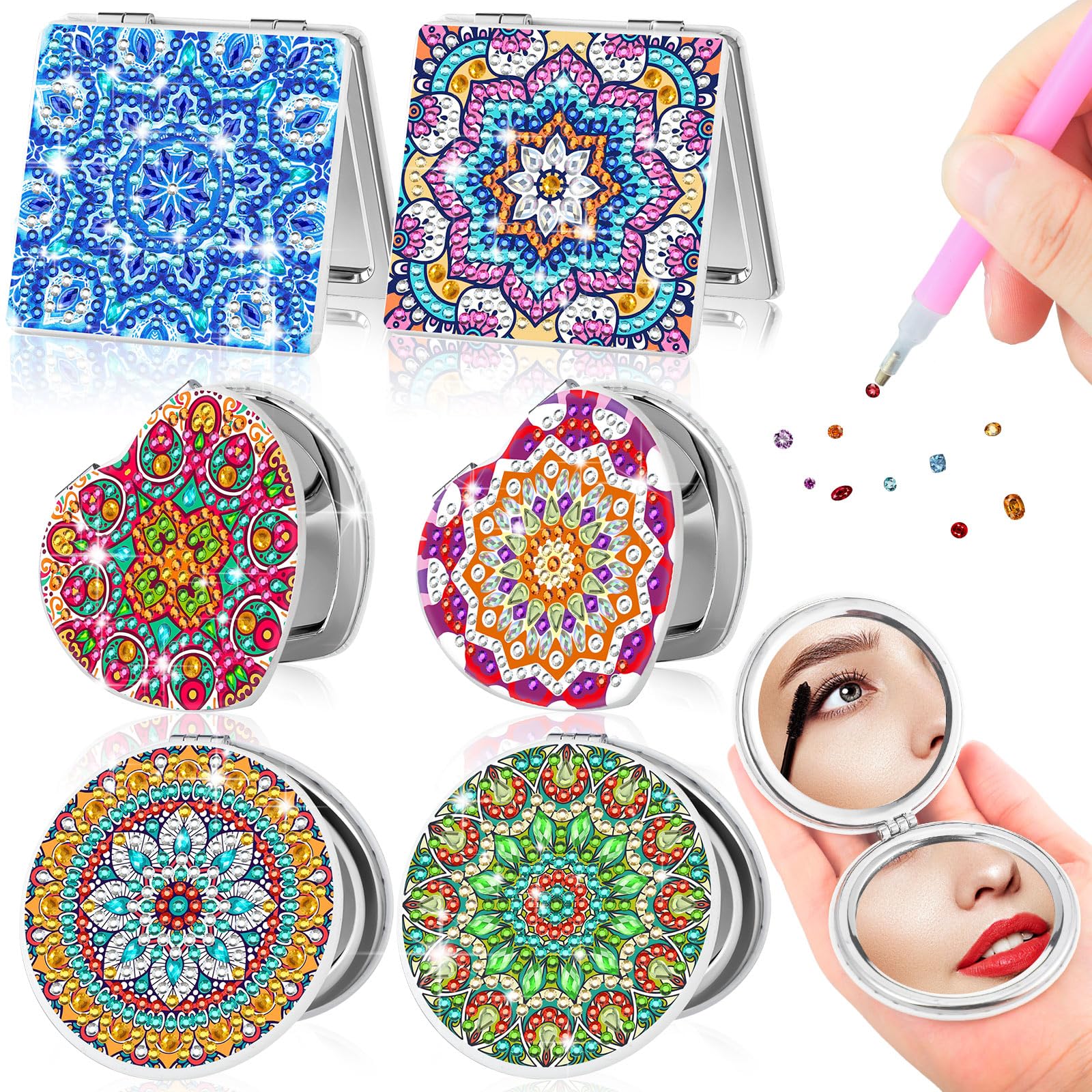Thyle 6 Pcs Painting Compact Mirror Diy Painting Pocket Mirror Portable Folding Purse Mirror With Magnification Diamond Art Kits