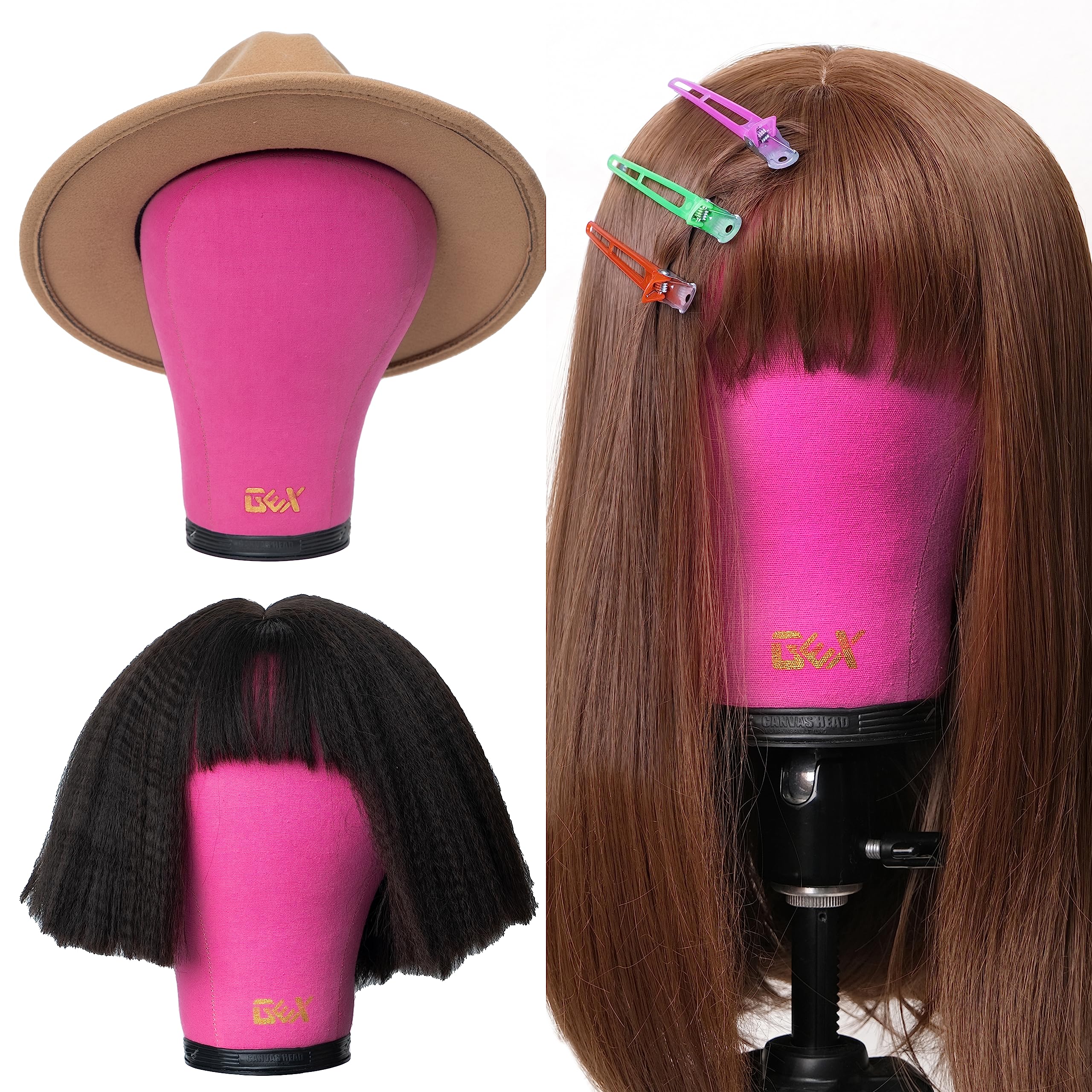 Gex 20''-24'' Canvas Cork Wig Block Mannequin Head For Wig Making Drying Styling Display With Table C Clamp Stand Holder (Rosy 2