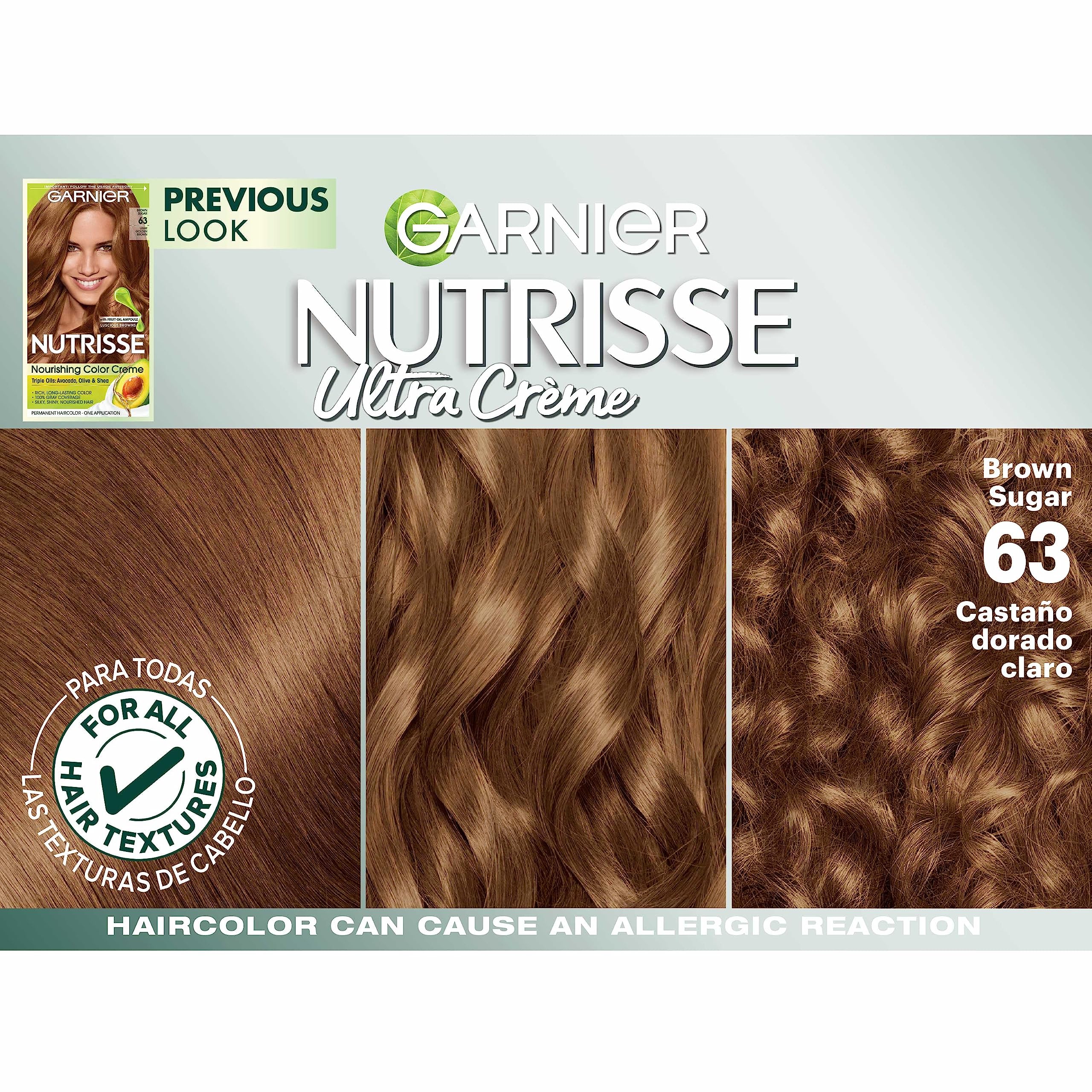 Garnier Hair Color Nutrisse Nourishing Creme, 63 Light Golden Brown (Brown Sugar) Permanent Hair Dye, 2 Count (Packaging May Var