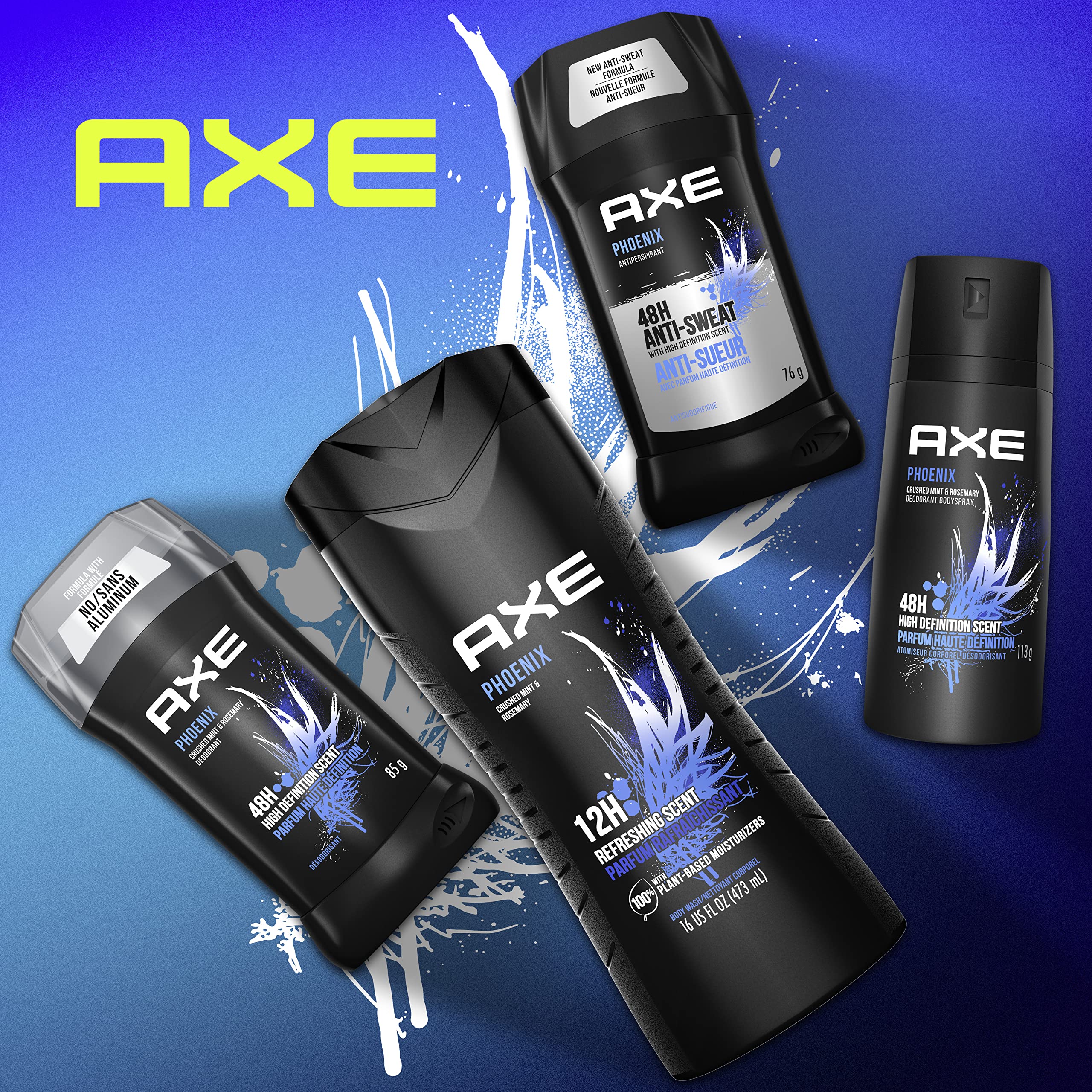 AXE Phoenix Deodorant for Men, 48H Odor Protection, Crushed Mint & Rosemary, 3 Ounce (Pack of 4), Aluminum Free, Black