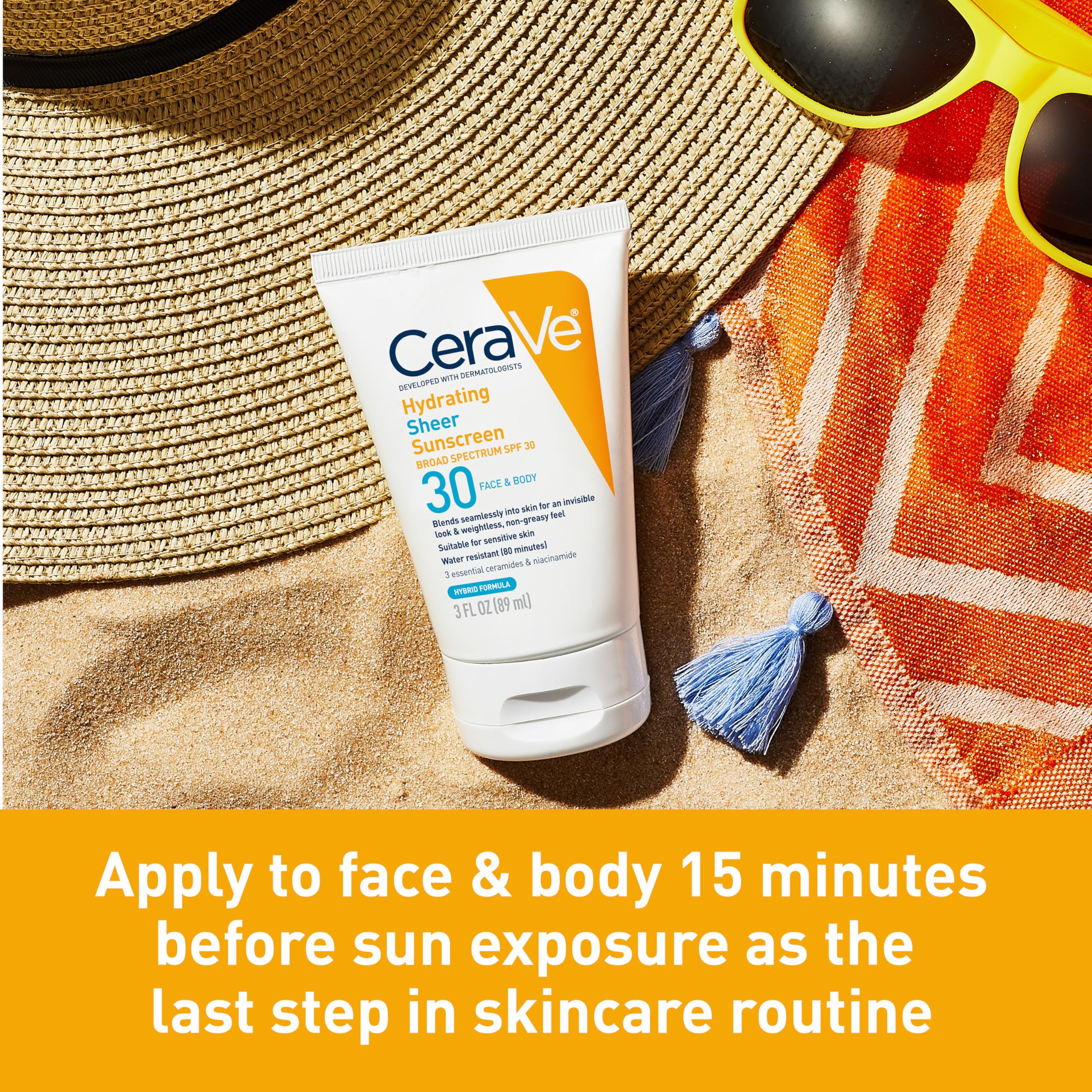 CeraVe Hydrating Sheer Sunscreen SPF 30 for Face and Body, Mineral & Chemical Sunscreen with Zinc Oxide, Hyaluronic Acid, Niacin