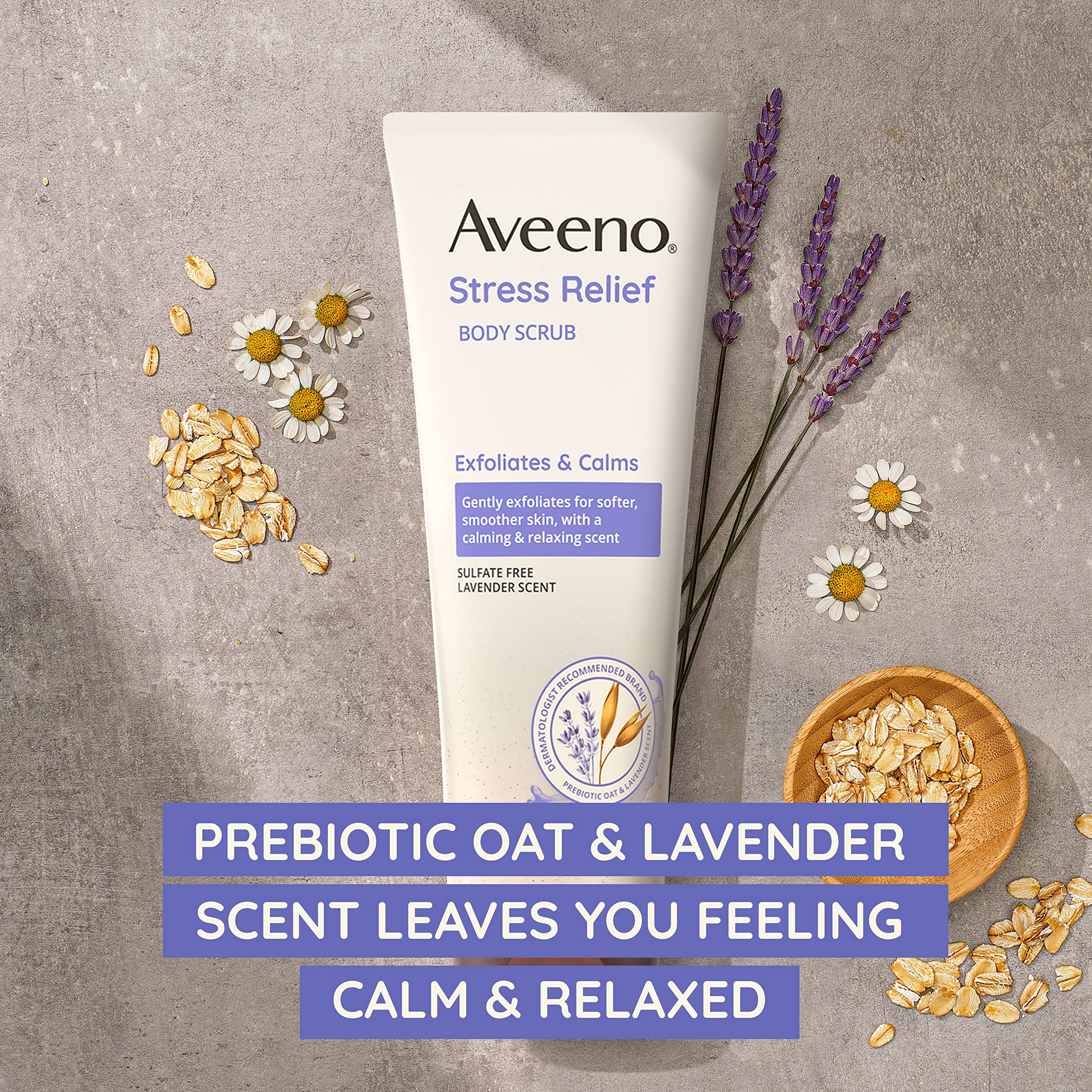 Aveeno Stress Relief Body Scrub, Exfoliating Body Wash for Softer, Smoother Skin, Formulated with Prebiotic Oat & Lavender Scent