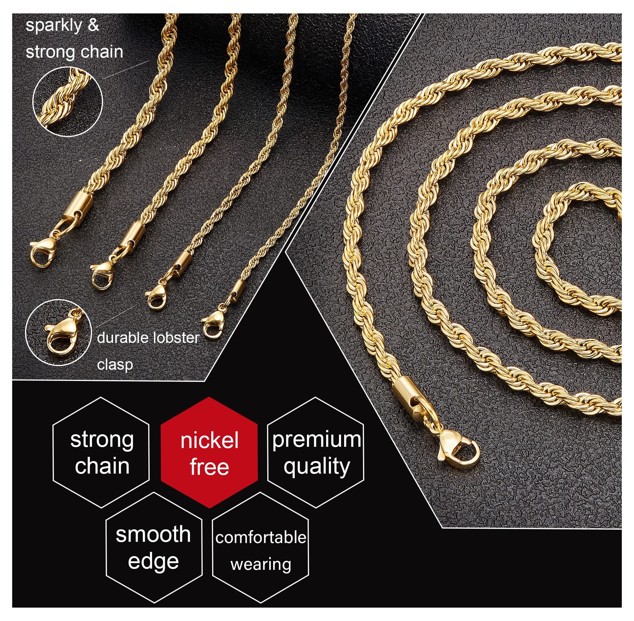 Gold Plated Necklace for Men 2.5MM 34 Inches Stainless Steel Twist Rope Chain Womens Boys