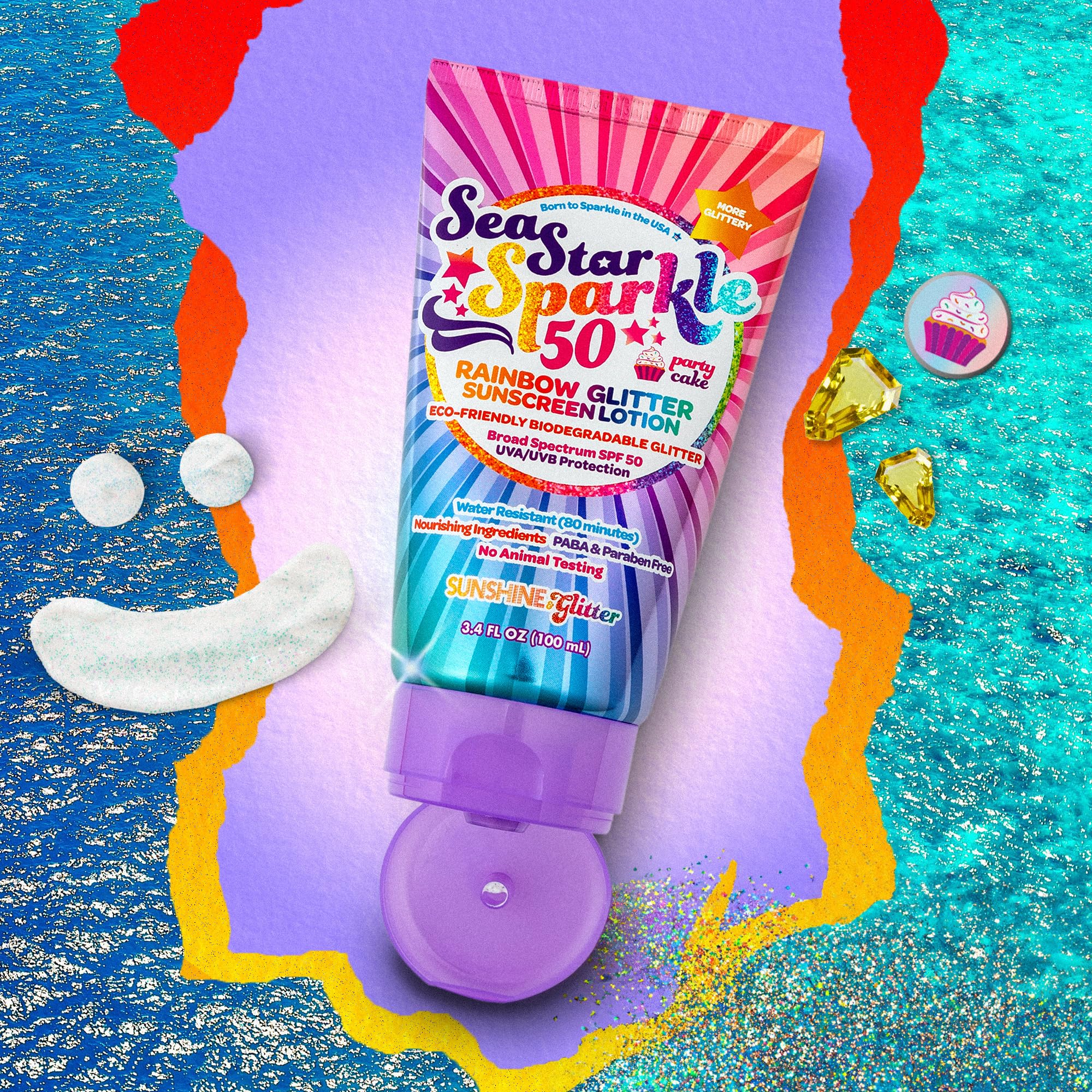Seastar Sparkle - Rainbow Party Cake Scented Glitter Sunscreen - Spf 50 - Biodegradable Sunscreen, Kids, Water Resistant, Glitte
