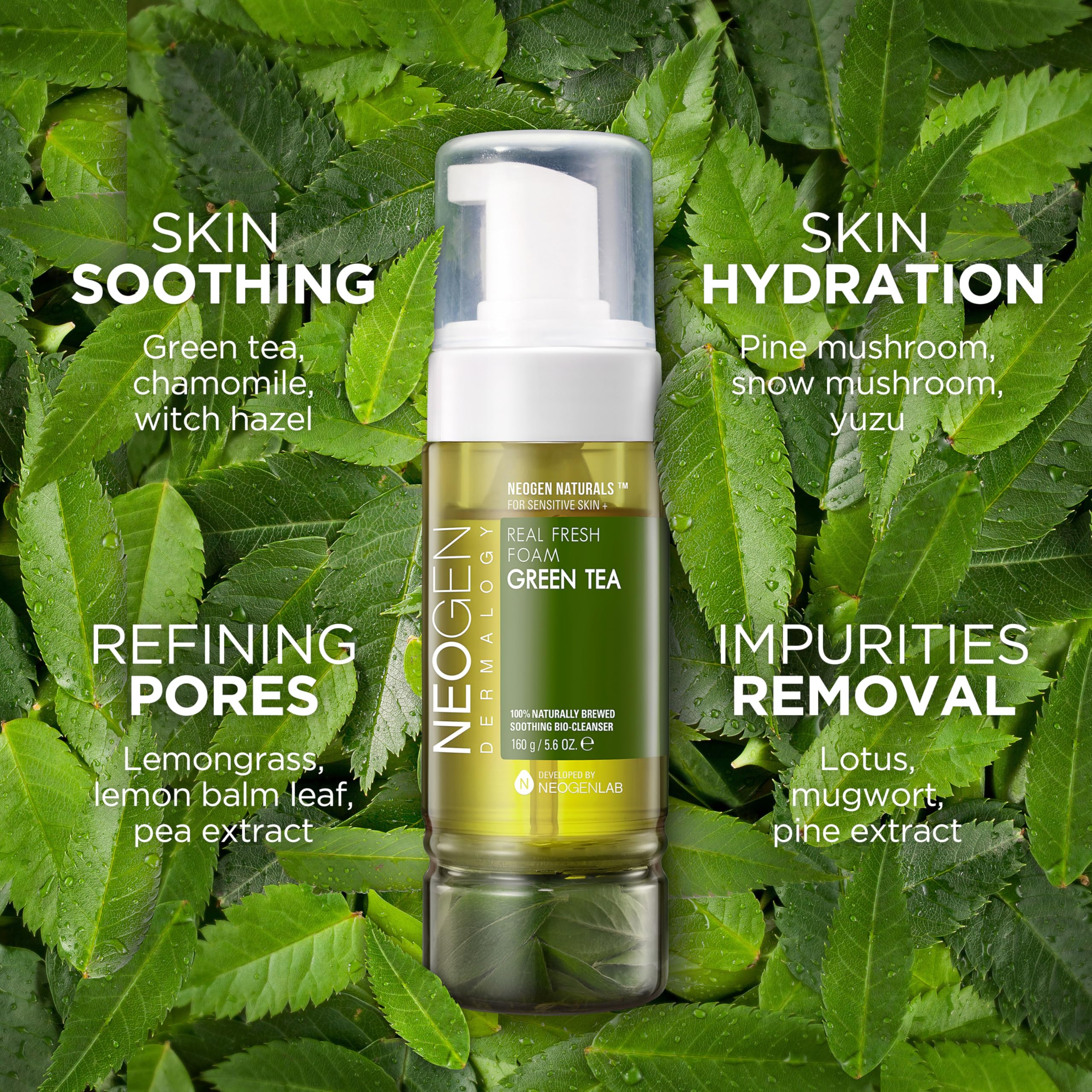 Dermalogy By Neogenlab Real Fresh Foam Cleanser, Green Tea 5.6 Fl Oz (160G) - Soothing & Hydrating Gentle Cleansing Foam With Re