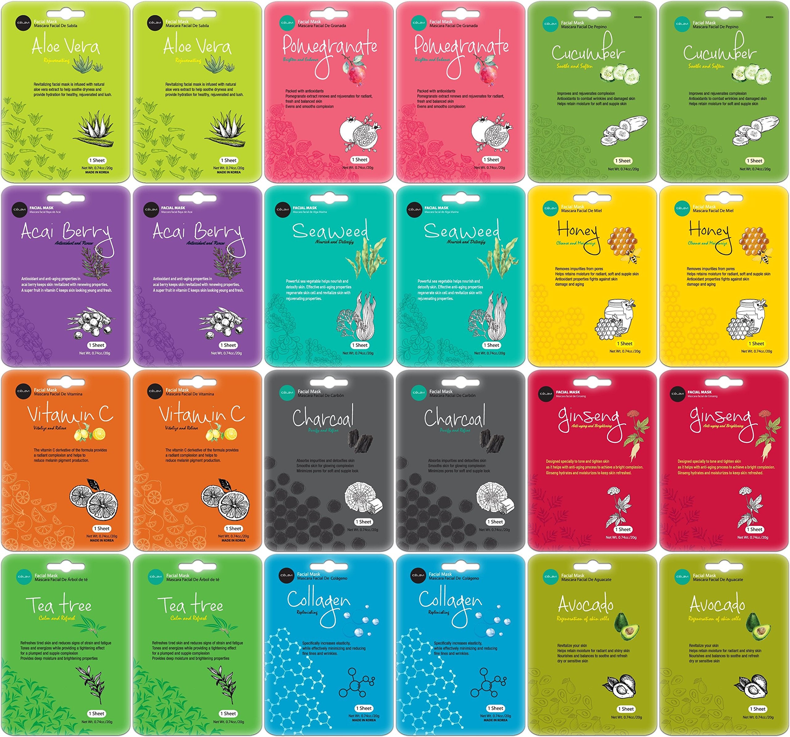Celavi Collagen Facial Face Mask (24-Sheets) Classic Korean Skincare