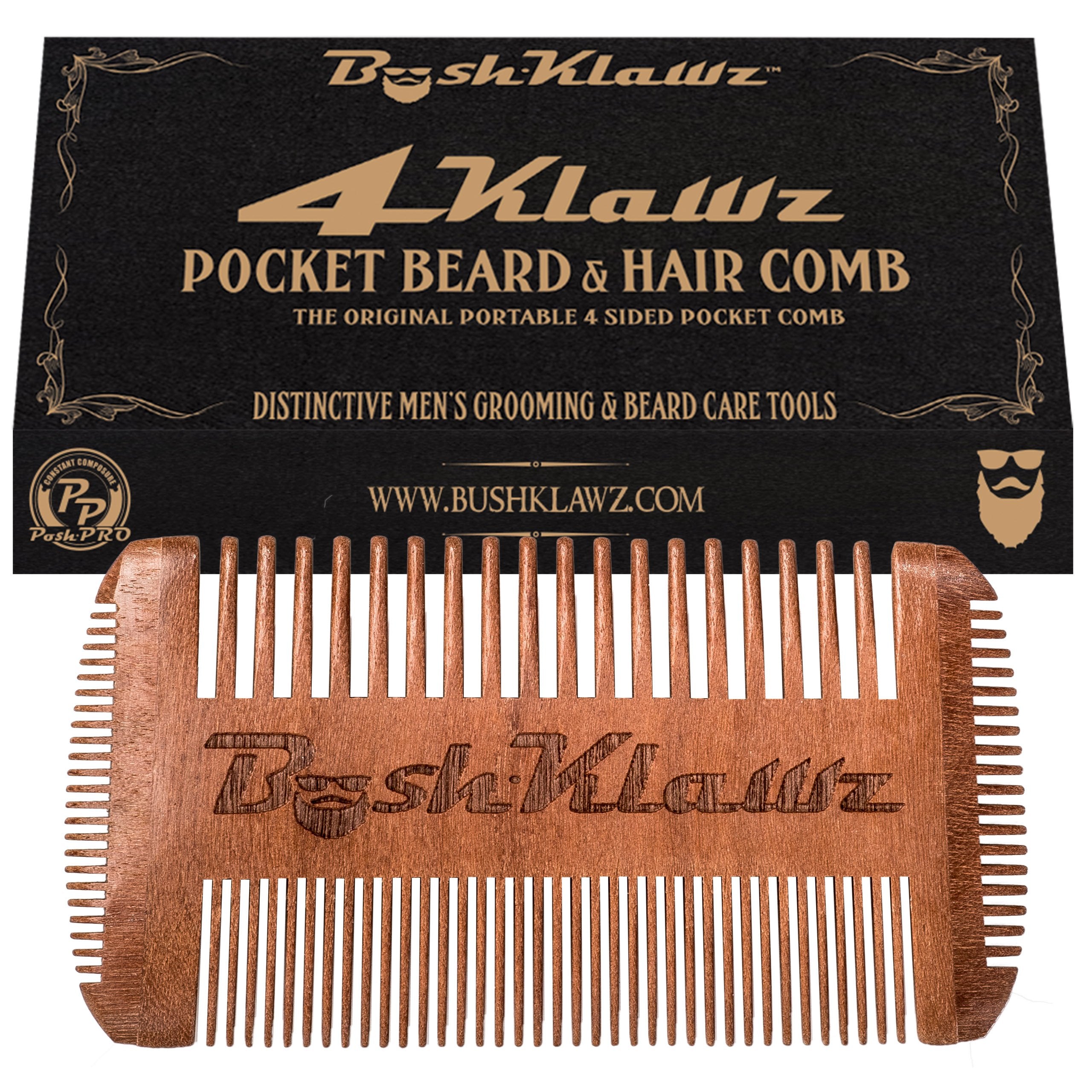4Klawz Beard Comb - Pocket Comb for Men's Hair Beard Mustache and Sideburns with 4 Sides of Wide & Fine Teeth - Best Bearded Man