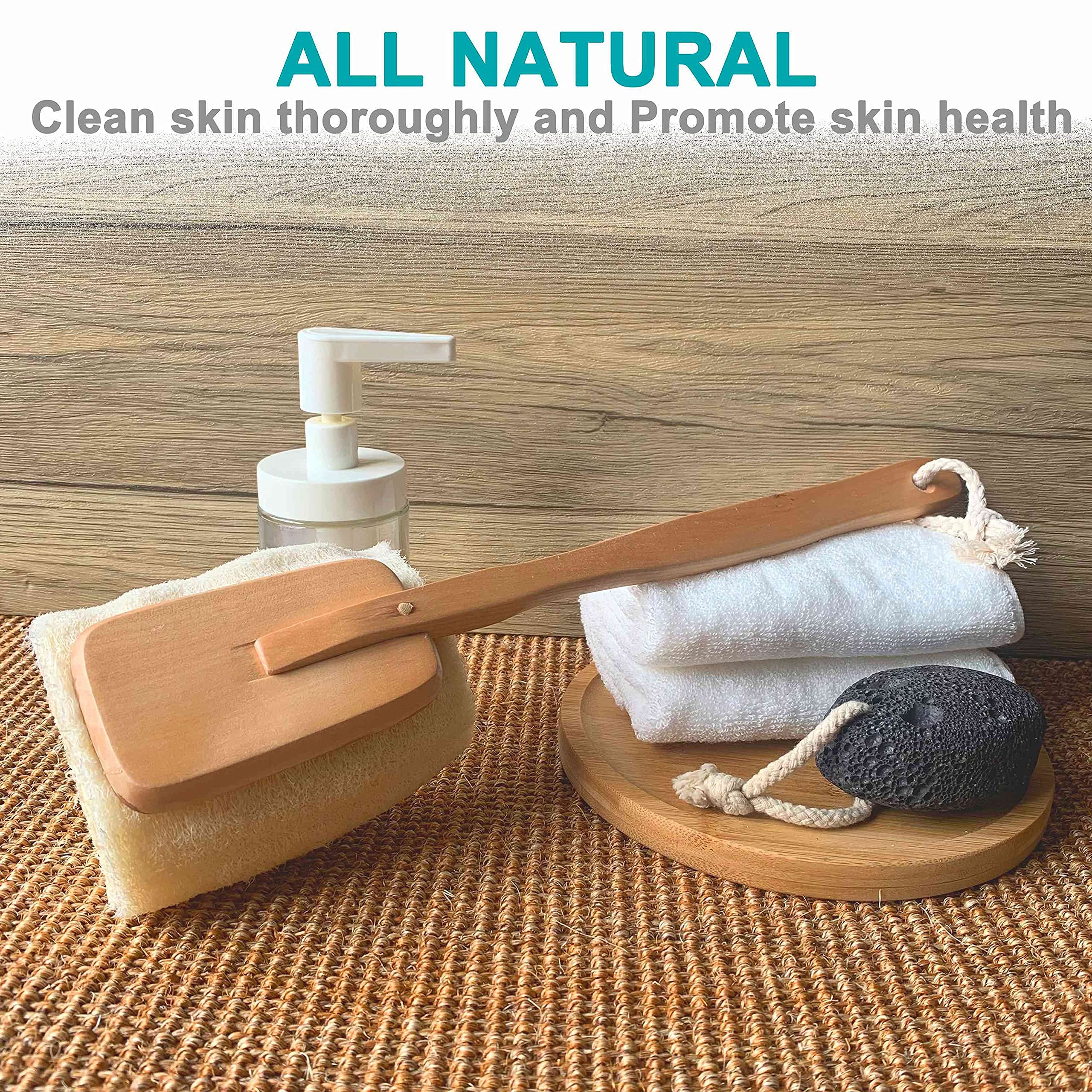 Mr.Cui'shop Natural Loofah Bath Brush with Long Wooden Handle - Off White, 1 Count, Model SG-S-1-1, Exfoliating Shower Scrubber for Men & Women