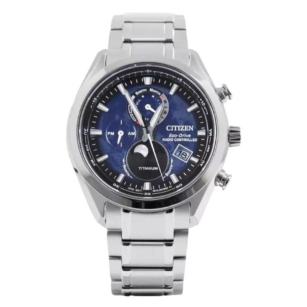 Citizen TsukuYomi Chronograph Moon Phase Super Titanium Blue Dial EcoDrive By101081L 100M MenS Watch