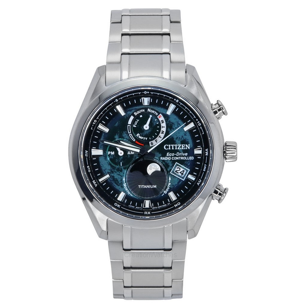 Citizen Radio Controlled Moon Phase Super Titanium Green Dial EcoDrive By101081X 100M MenS Watch