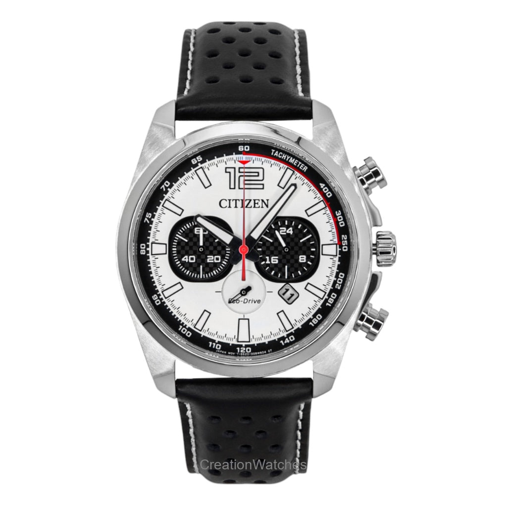 Citizen EcoDrive Chronograph Leather Strap White Dial Ca464009A 100M MenS Watch