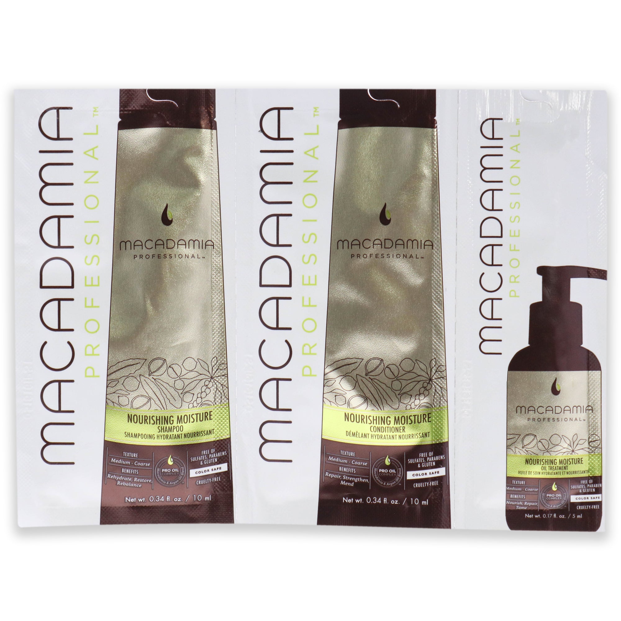 Professional Nourishing Moisture Set By Macadamia Oil For Unisex - 3 Pc Kit 0.34Oz Shampoo, 0.34Oz Conditioner, 0.17Oz Oil Treat