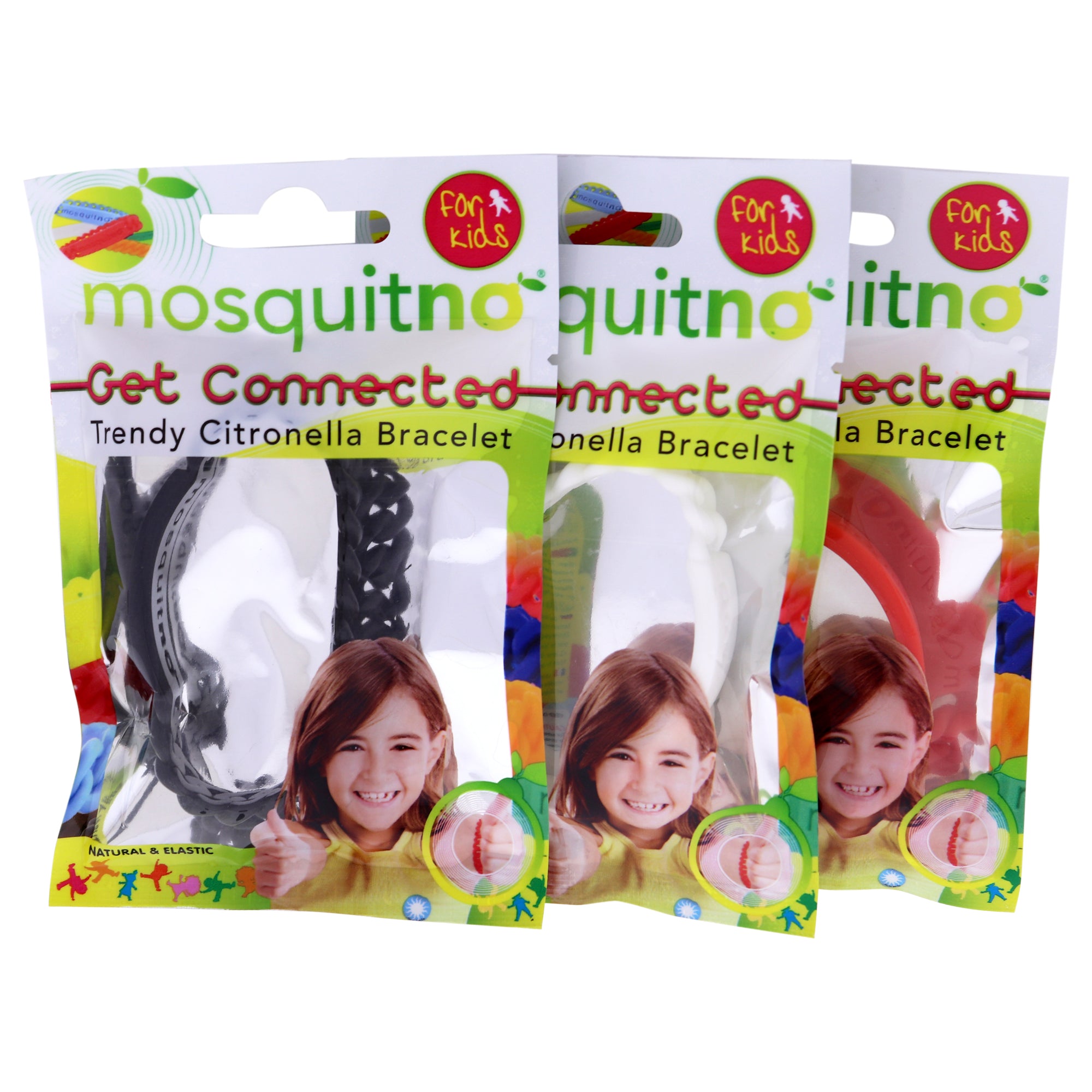 Get Connected Citronella Bracelet Set by Mosquitno for Kids  3 Pc Bracelet Red, White, Black