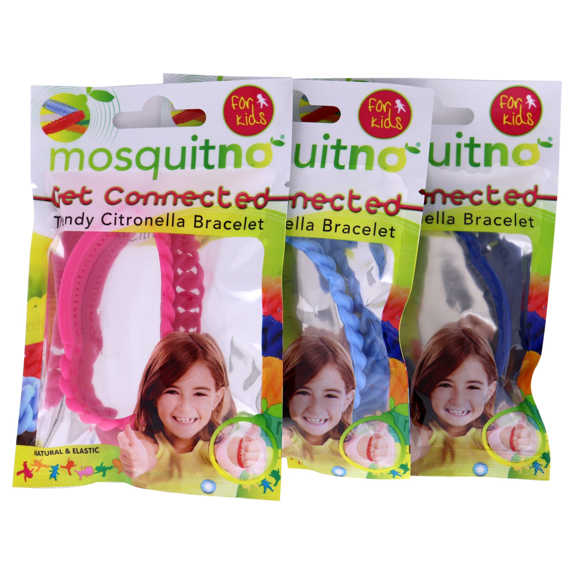 Get Connected Citronella Bracelet Set by Mosquitno for Kids  3 Pc Bracelet Light Blue, Pink, Blue