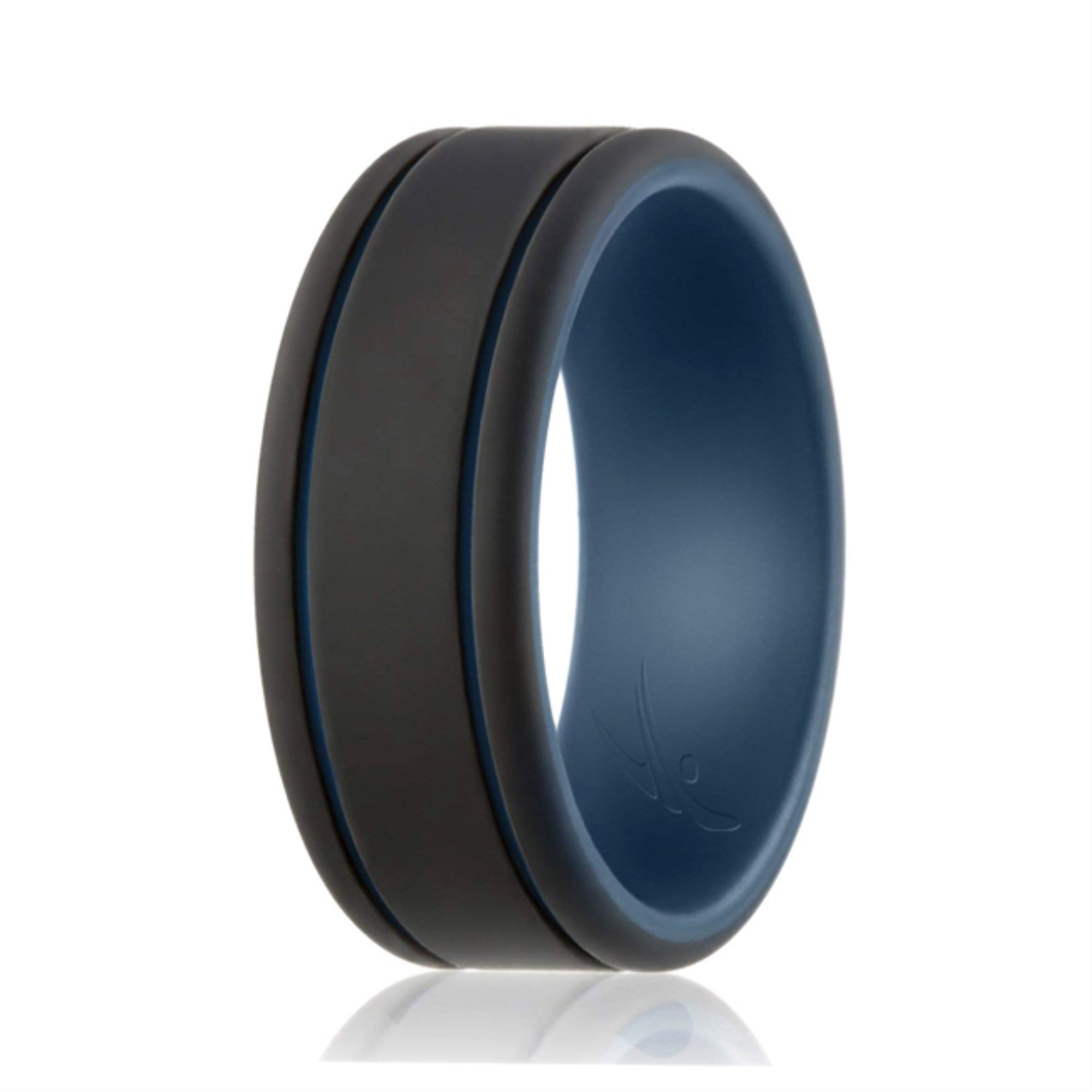 Silicone Wedding Ring - Duo Collection 2 Thin Lines - Blue-Black By Roq For Men - 8 Mm Ring