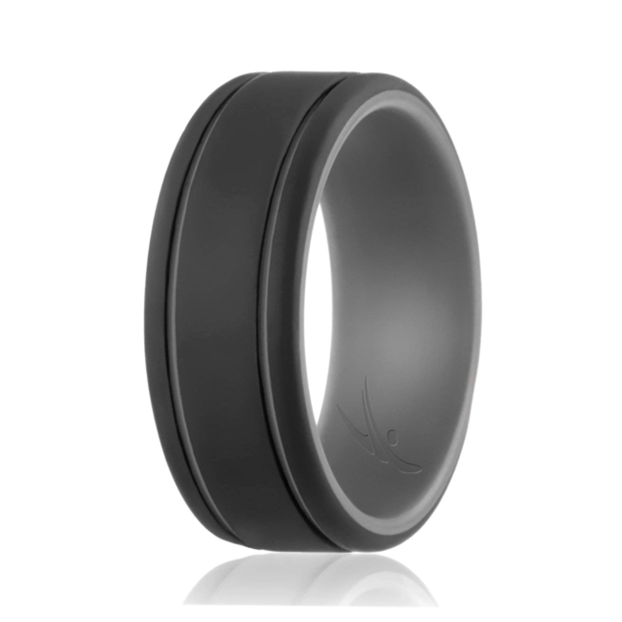 Silicone Wedding Ring - Duo Collection 2 Thin Lines - Grey-Black By Roq For Men - 12 Mm Ring