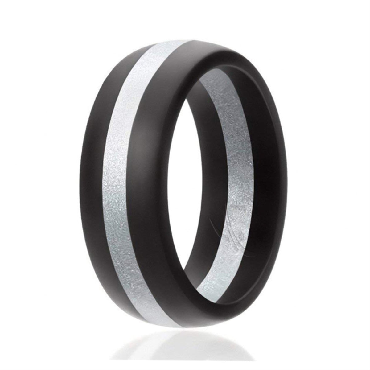 Silicone Wedding Ring - Dome Style With Middle Line - Balck-Silver By Roq For Men - 8 Mm Ring
