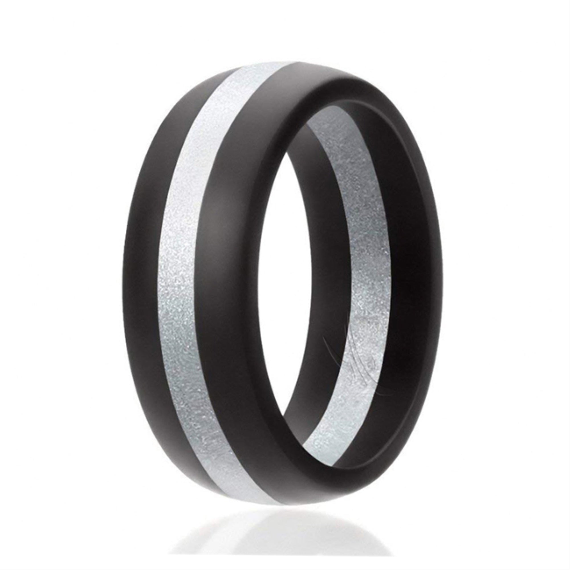 Silicone Wedding Ring - Dome Style With Middle Line - Black-Silver By Roq For Men - 13 Mm Ring