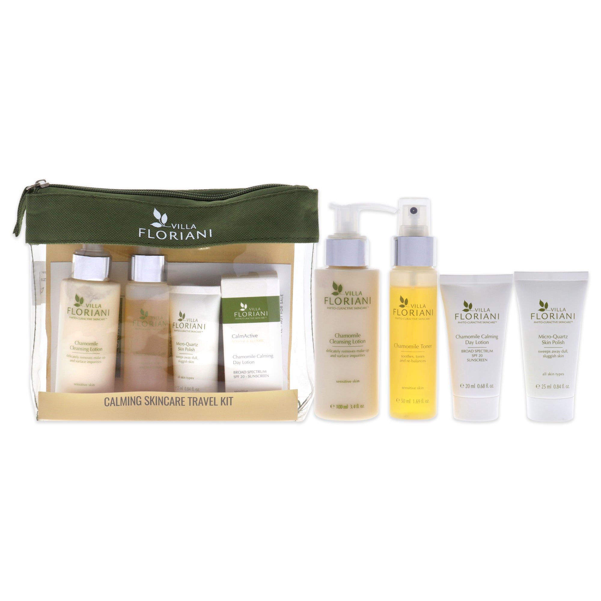 Calming Skincare Travel Kit By Villa Floriani For Women - 6 Pc 3.4Oz Chamomile Cleansing Lotion, 1.69Oz Chamomile Toner, 0.68Oz
