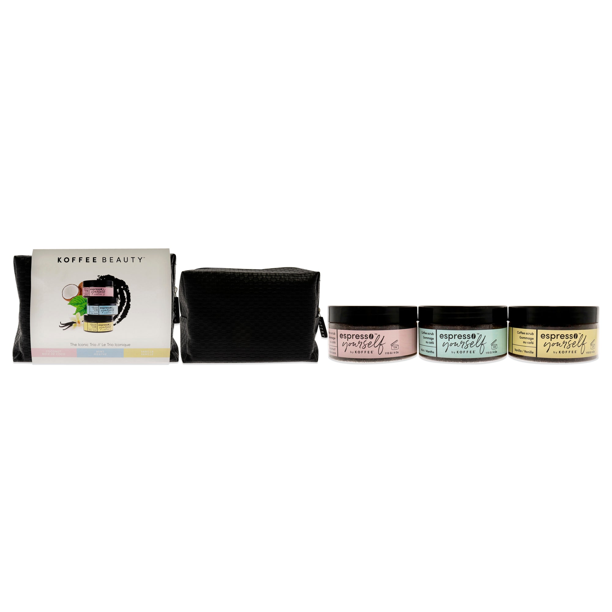 Espresso Yourself The Iconic Trio by Koffee Beauty for Unisex - 4 Pc 4oz Coffee Scrub - Coconut, 4oz Coffee Scrub - Mint, 4oz Co