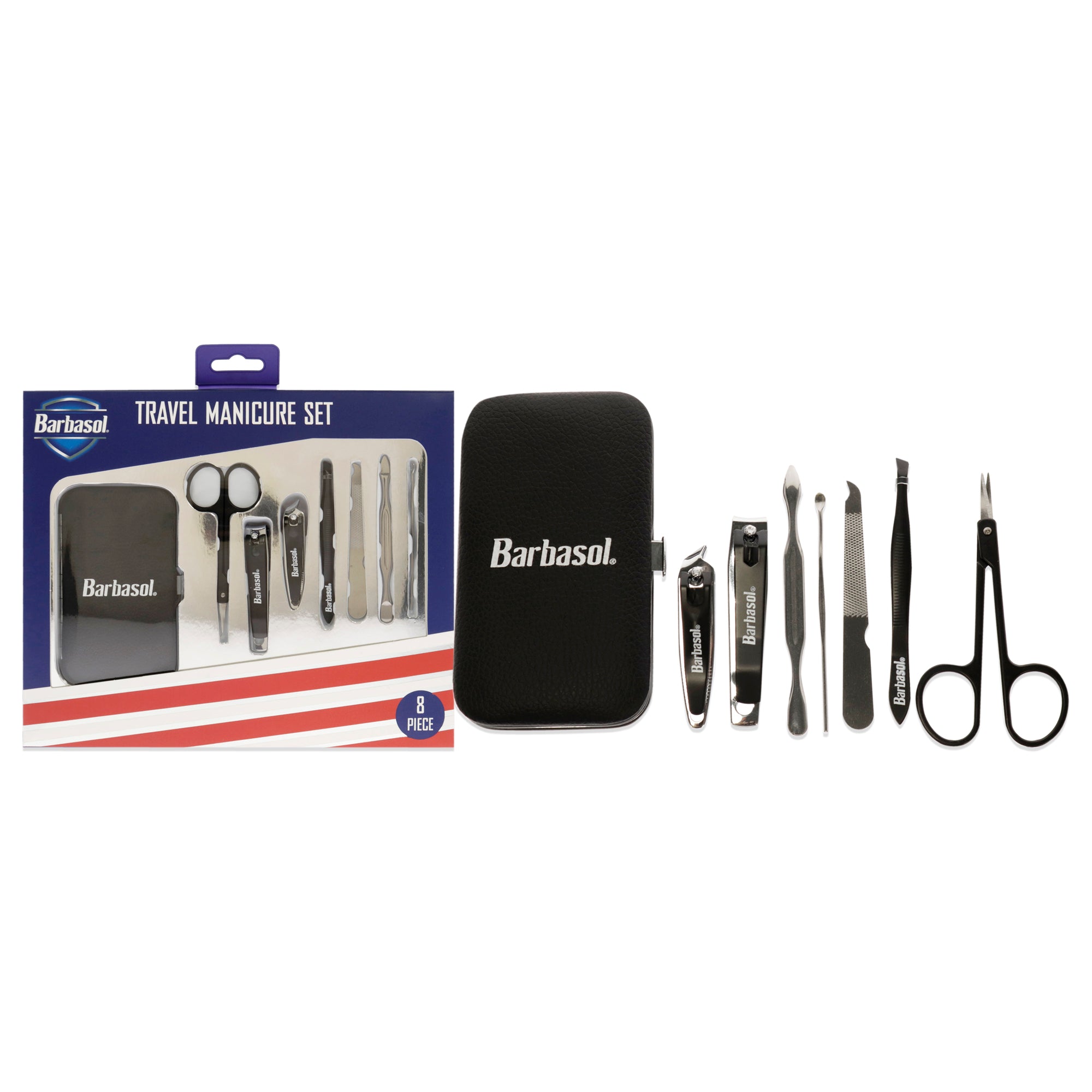 Grooming Manicure Kit By Barbasol For Men - 8 Pc 2Pc Nail Clipper, Safety Scissors, Nail File, Pointed Tweezers, 2Pc Cuticle Pus