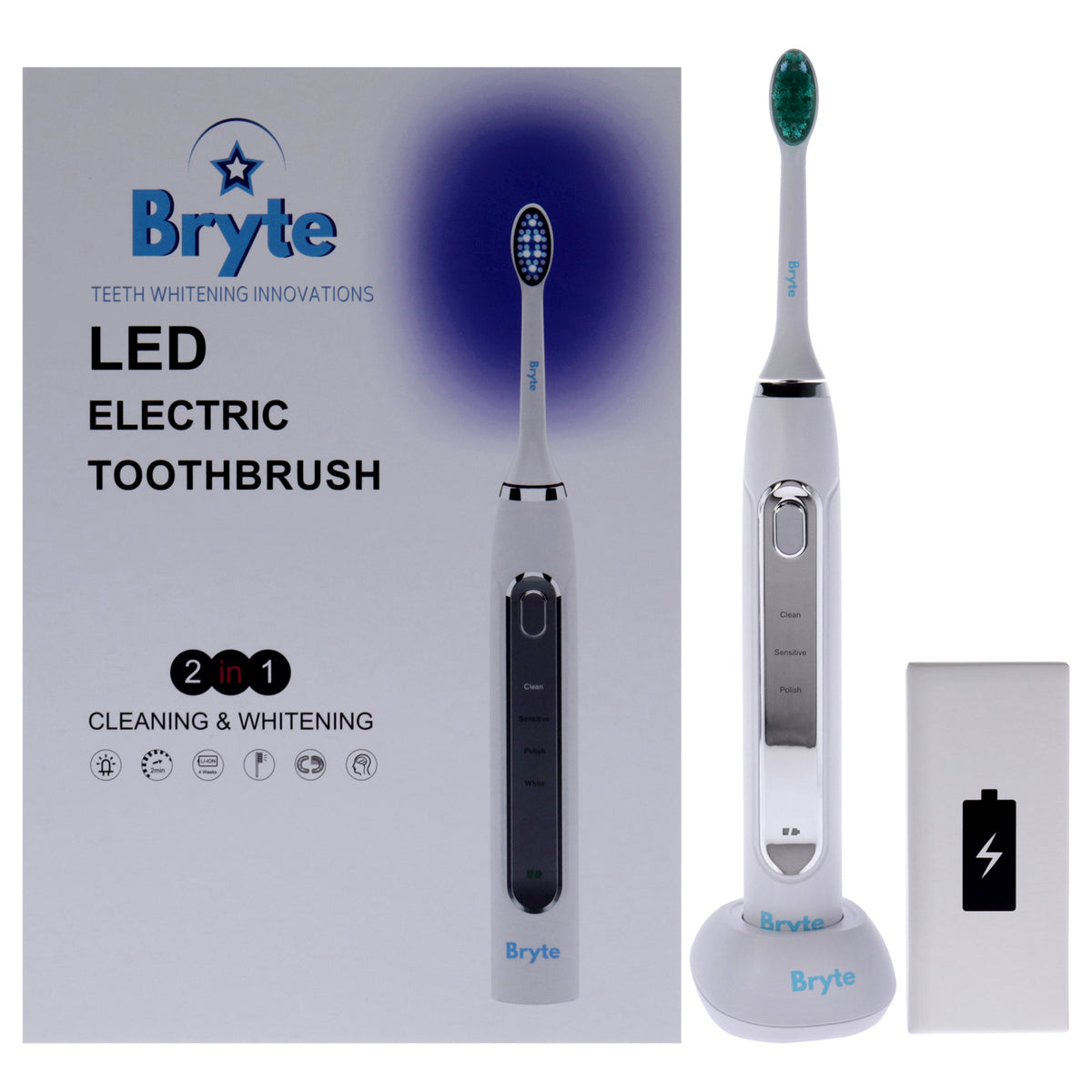 Led Electric Toothbrush Kit By Bryte For Unisex - 5 Pc Electric Toothbrush, 2 Toothbrush, Charger Base, Charging Cable