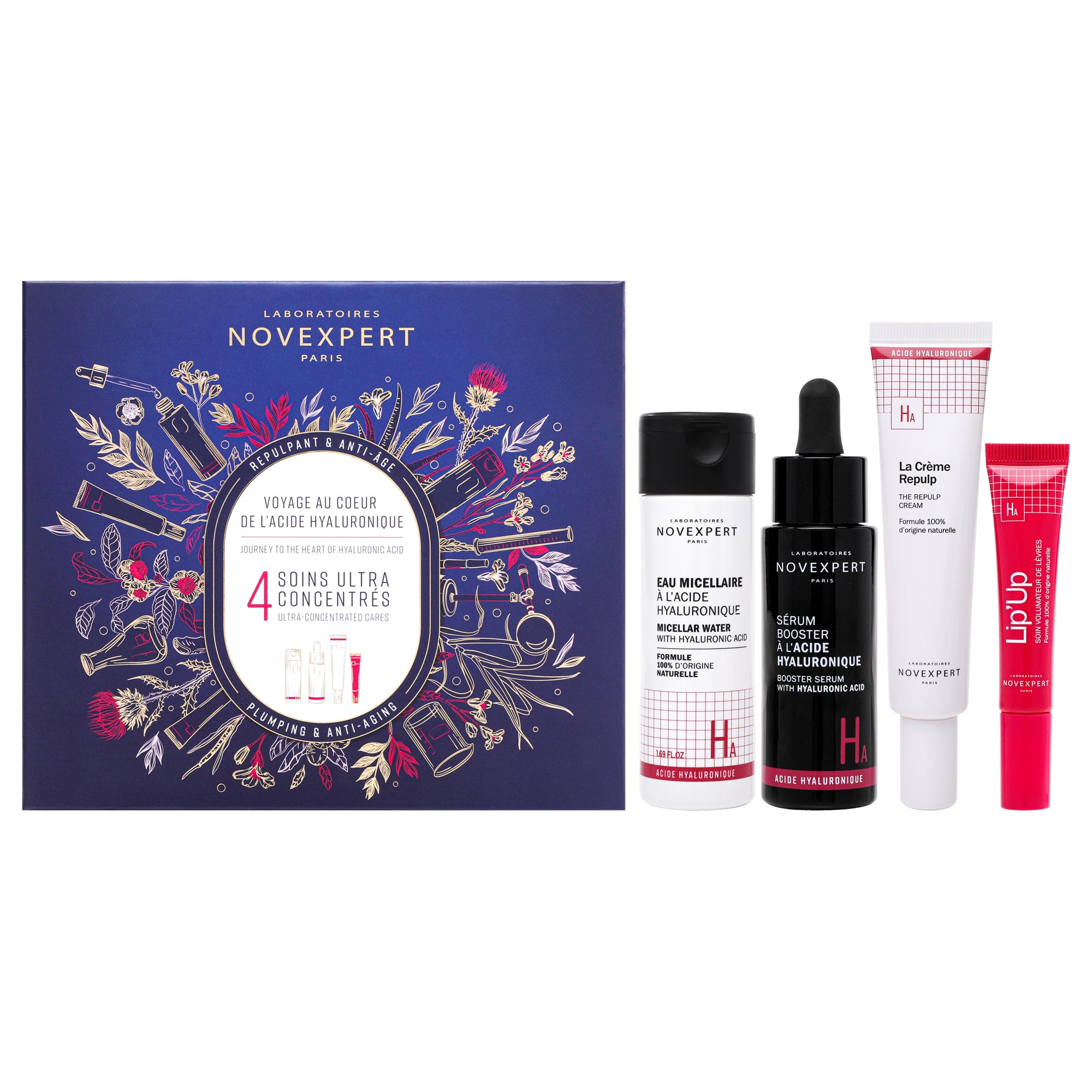 Plumping And Anti-Aging Set By Novexpert For Women - 4 Pc 1.6Oz Micellar Water With Hyaluronic, 1Oz Hyaluronic Acid Booster Seru