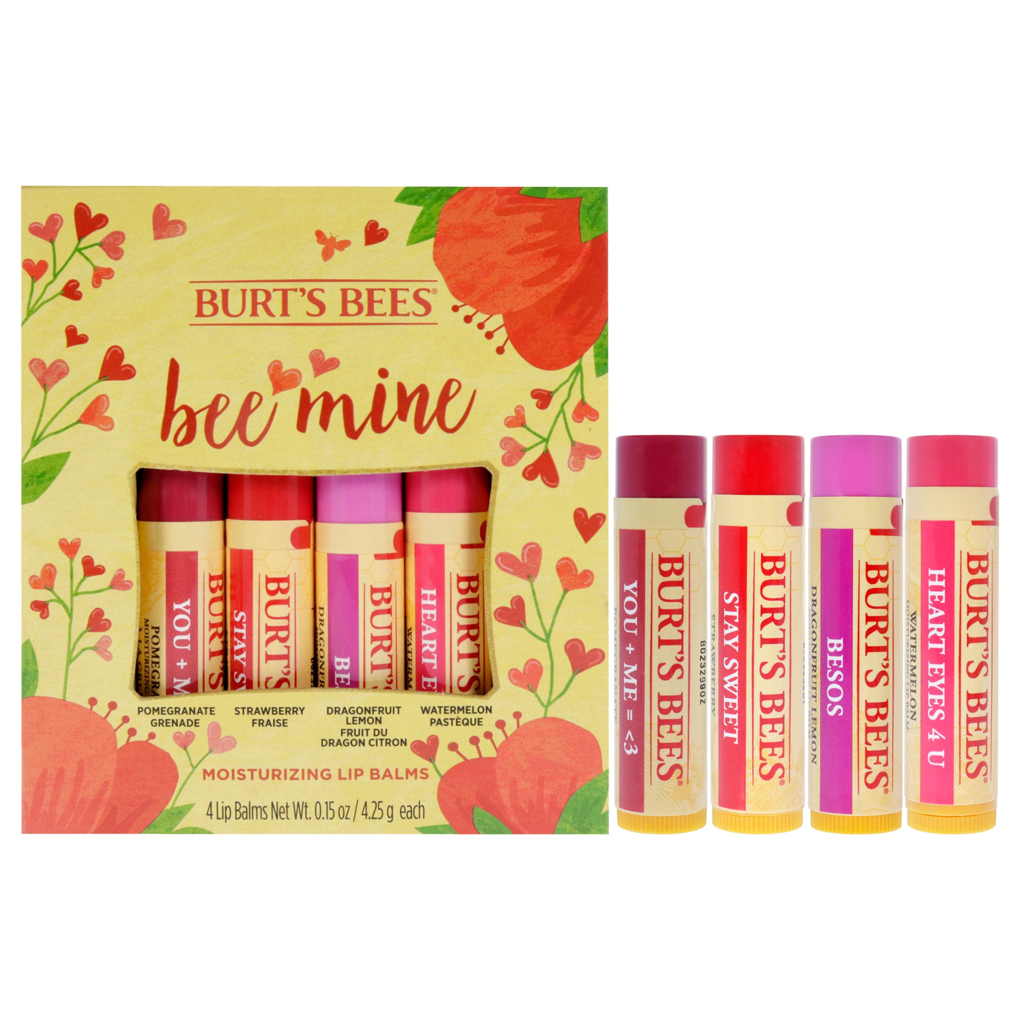 Bee Mine Moisturizing Lip Balm Set By Burts Bees For Unisex - 4 Pc 0.15Oz Watermelon Lip Balm, 0.15Oz Dragonfruit Lemon Lip Balm