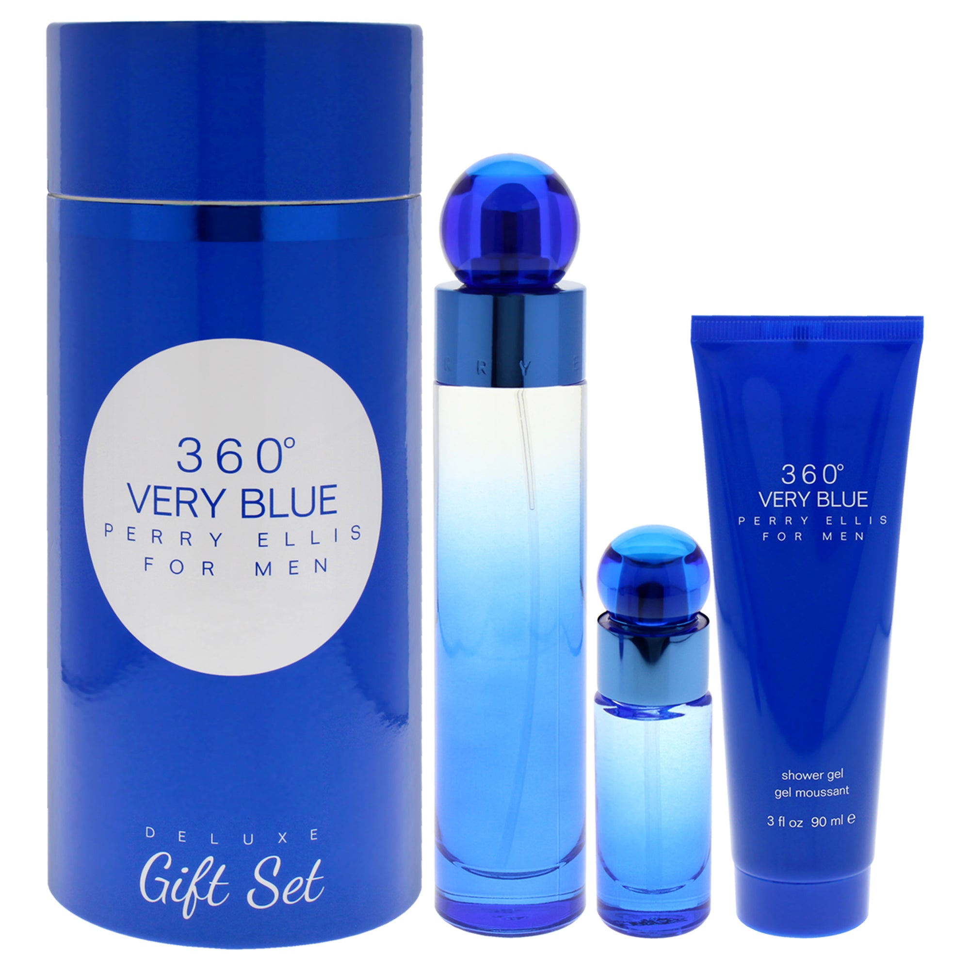 360 Very Blue by Perry Ellis for Men  3 Pc Gift Set 3.4oz EDT Spray, 0.25oz EDT Spray, 3oz Shower Gel