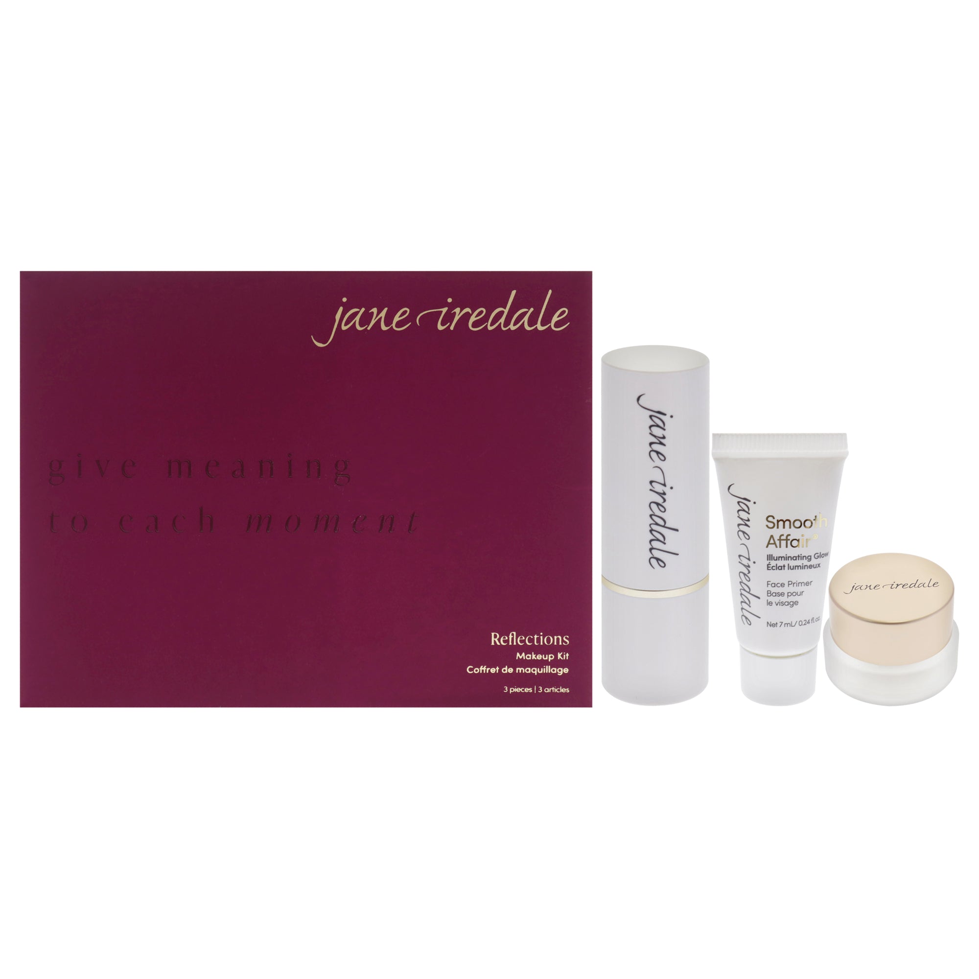 Reflections Makeup Kit by Jane Iredale for Women  3 Pc Gift Set 0.26oz Glow Time Highlighter Stick  Solstice, 0.03oz 24Karat 