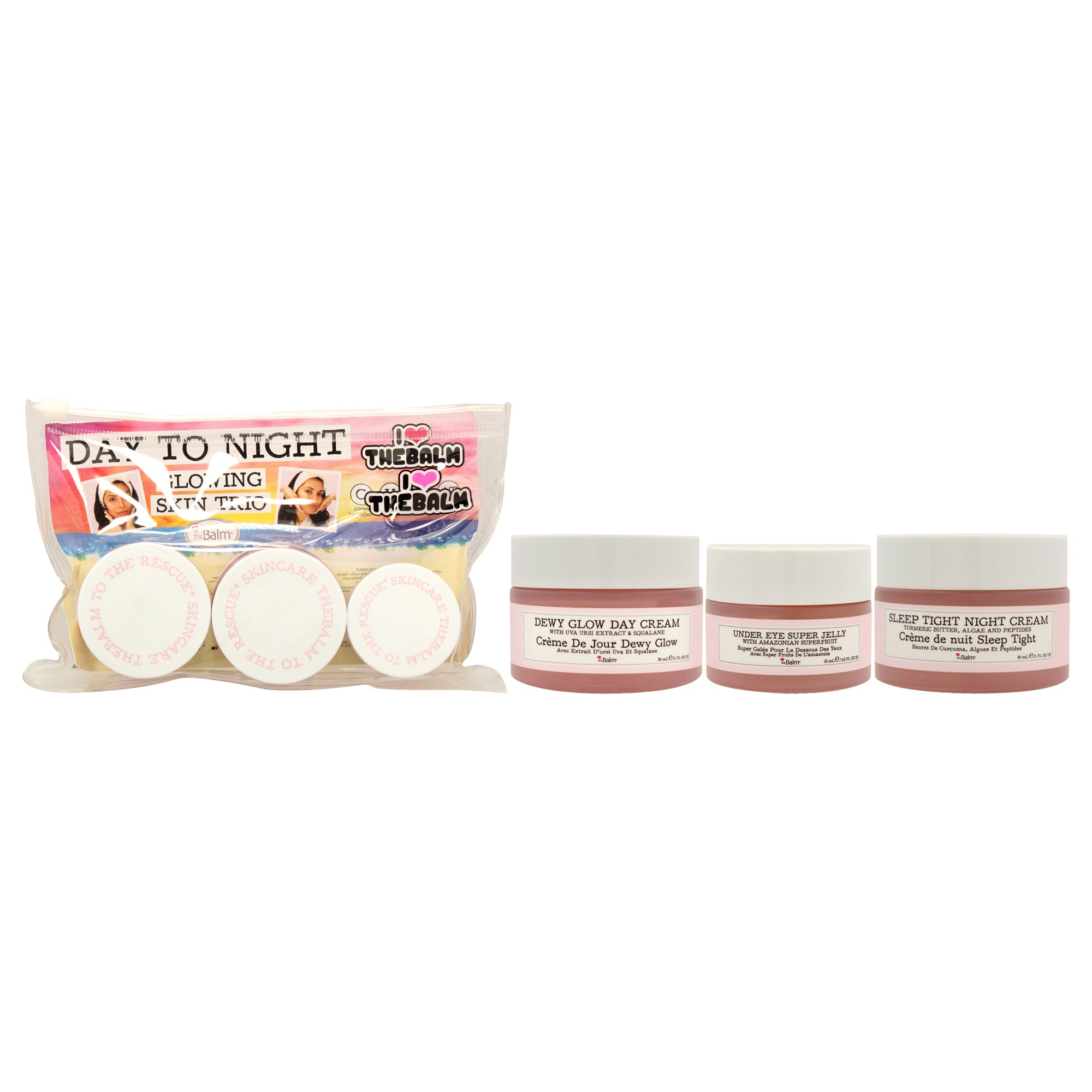 Day To Night Glowing Skin Trio By The Balm For Women - 3 Pc 1Oz Dewy Glow Day Cream, 0.5Oz Under Eye Super Jelly, 1Oz Sleep Tigh