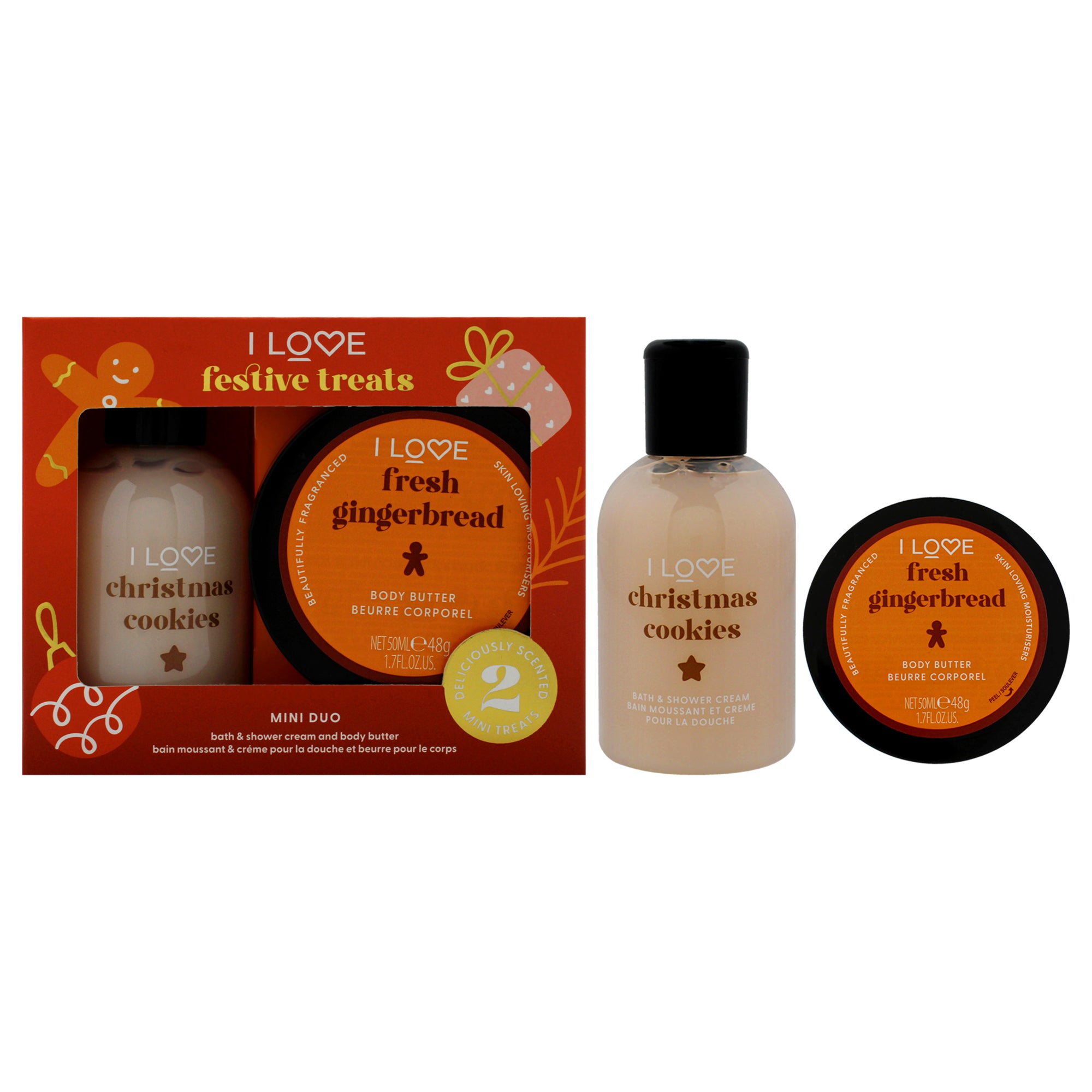 I Love Festive Treat Mini Duo By I Love Cosmetics For Unisex - 2 Pc 3.3Oz Christmas Cookie Bath And Shower Creme, 1.7Oz Fresh Gi