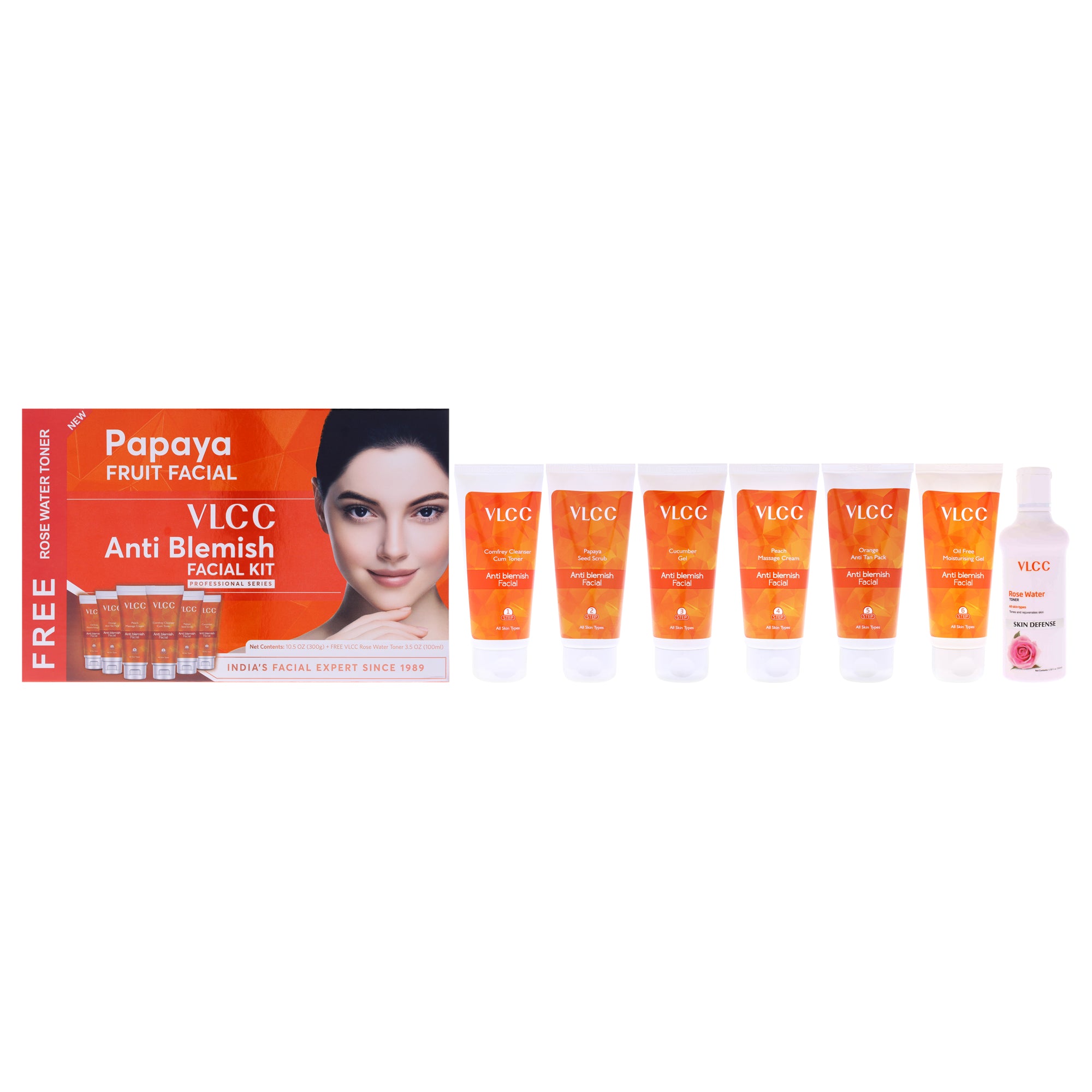 Anti Blemish Facial Kit by VLCC for Women - 7 Pc 1.76oz Comfrey Cleanser Cum Toner, 1.76oz Papaya Seed Scrub, 1.76oz Cucumber Ge