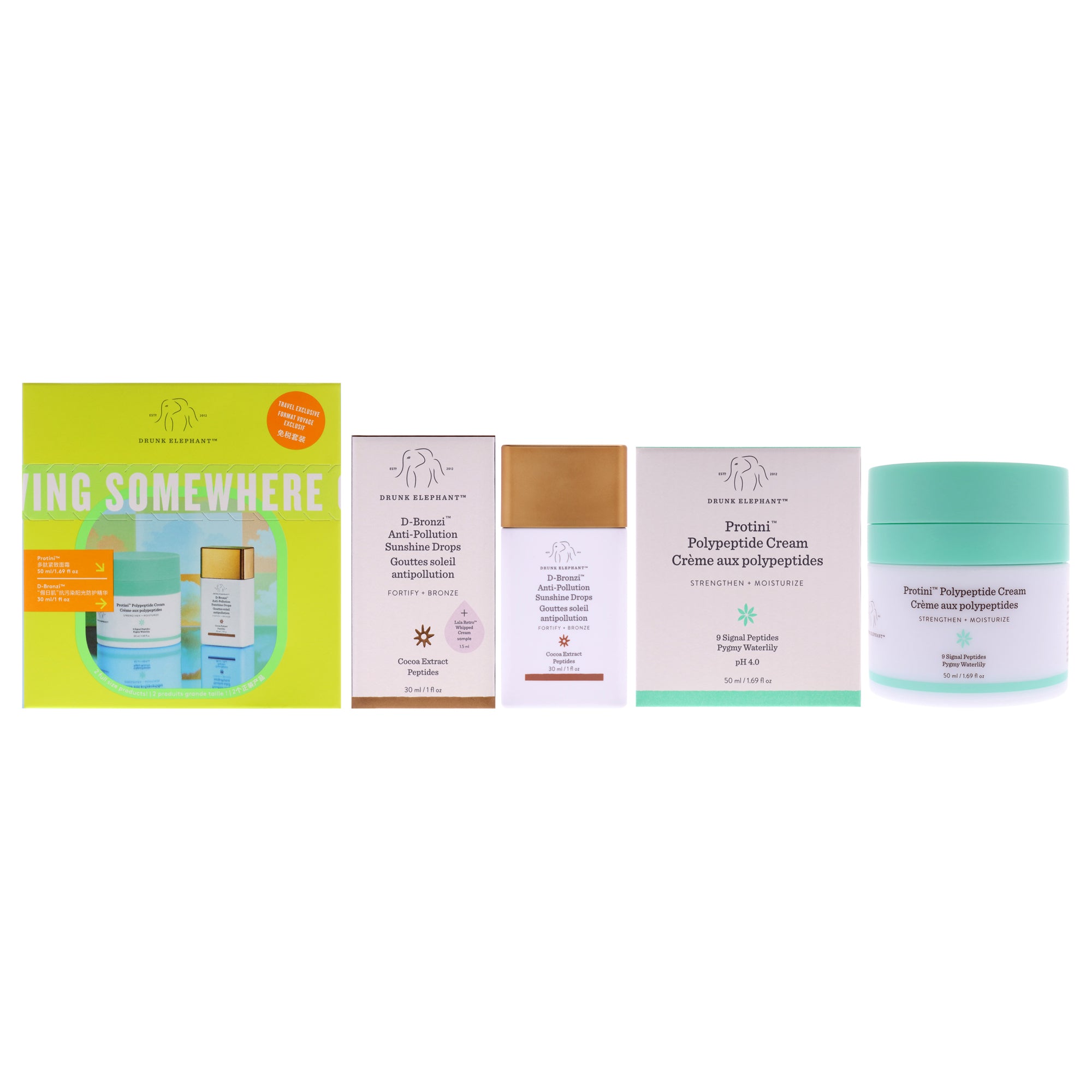 Glowing Somewhere Good Set by Drunk Elephant for Unisex - 2 Pc 1oz D-Bronzi Anti Pollution Sunshine Drops, 1.69oz Protini Polype
