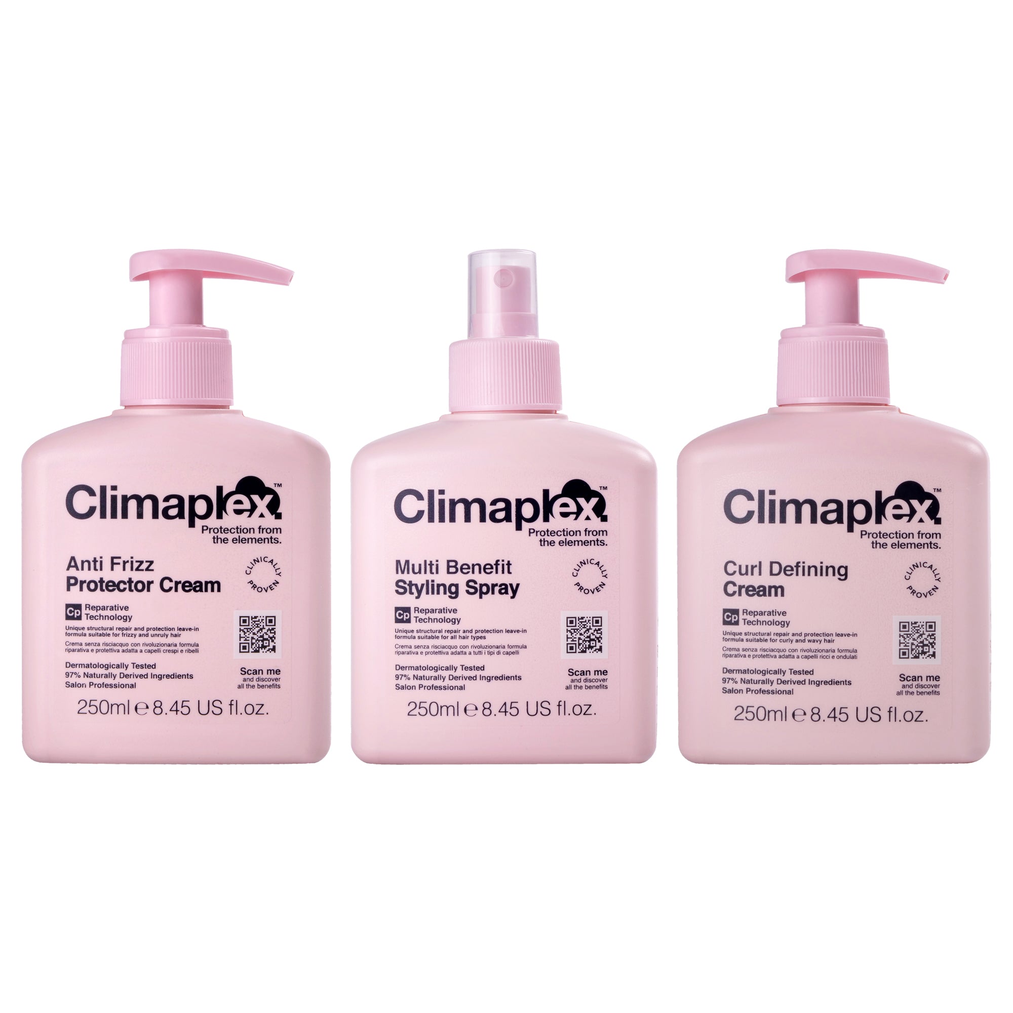 Anti Frizz Protector Cream, Multi Benefit Styling Spray And Curl Defining Cream Kit By Climaplex For Unisex - 3 Pc Kit 8.45 Oz C