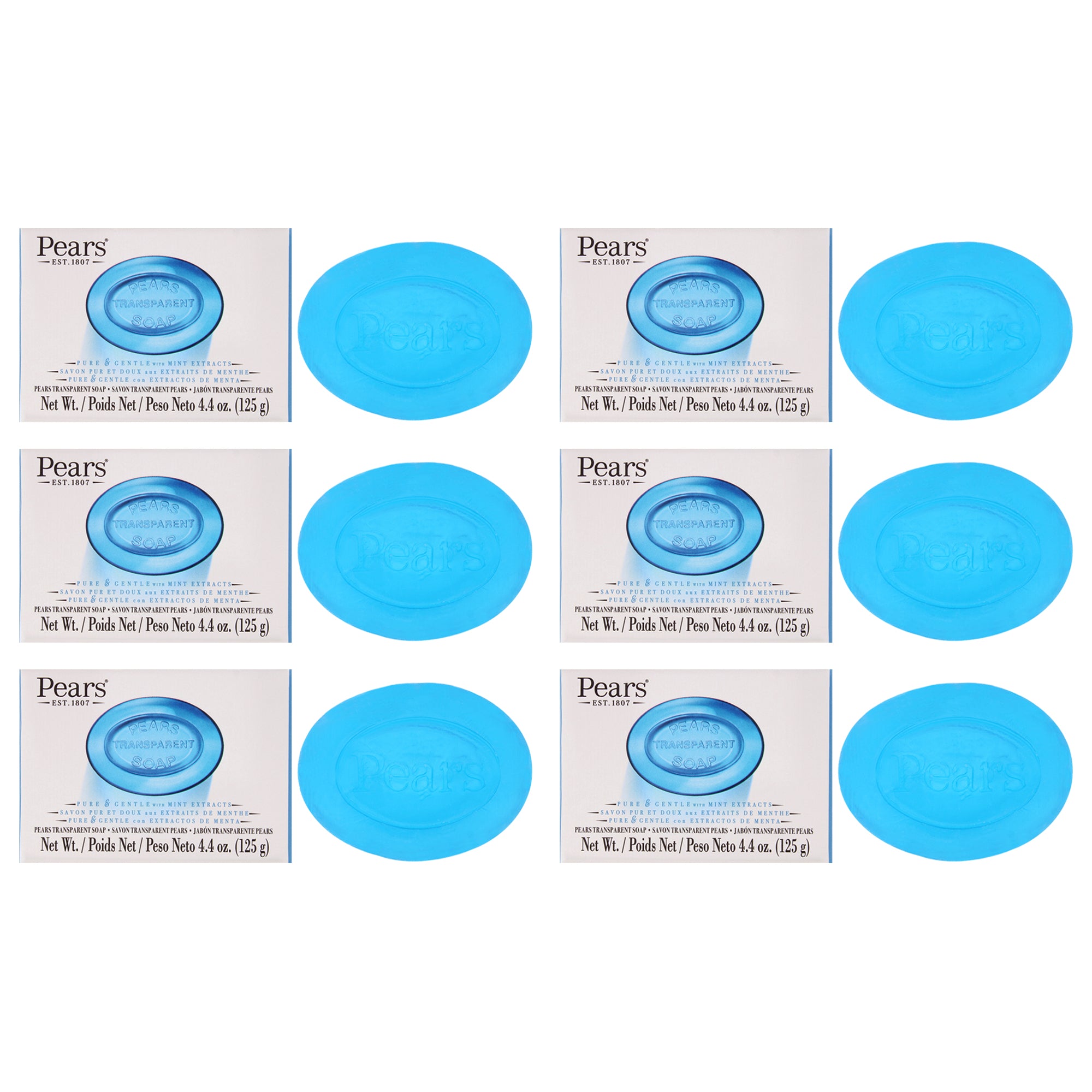 Pure and Gentle with Glycerin and Mint Extracts - Blue by Pears for Unisex - 4.4 oz Bar Soap - Pack of 6