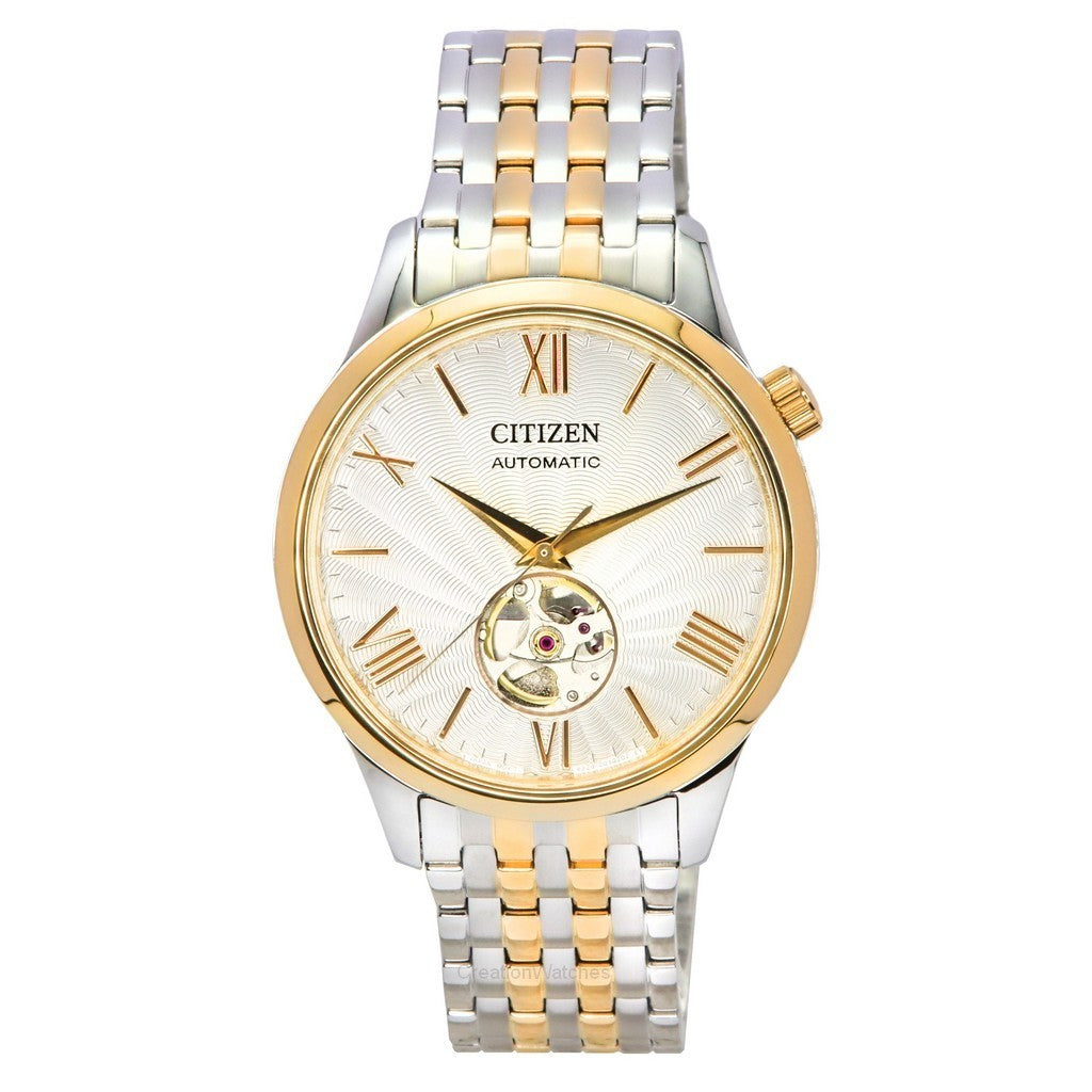 Citizen Two Tone Stainless Steel Open Heart White Dial Automatic Nh913688A MenS Watch