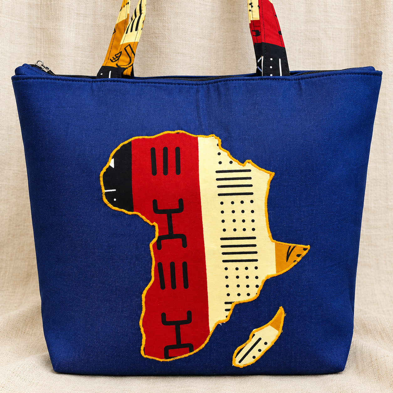 Denim African Map Tote Bag – Red &amp; Cream Ankara Design