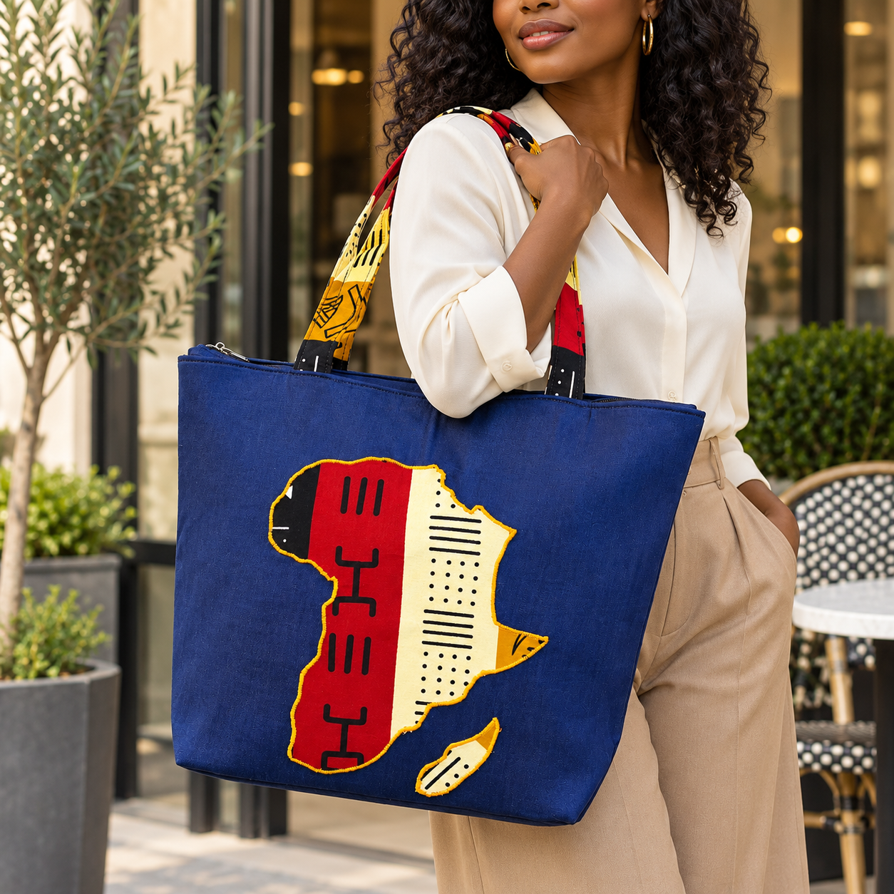 Denim African Map Tote Bag – Red &amp; Cream Ankara Design