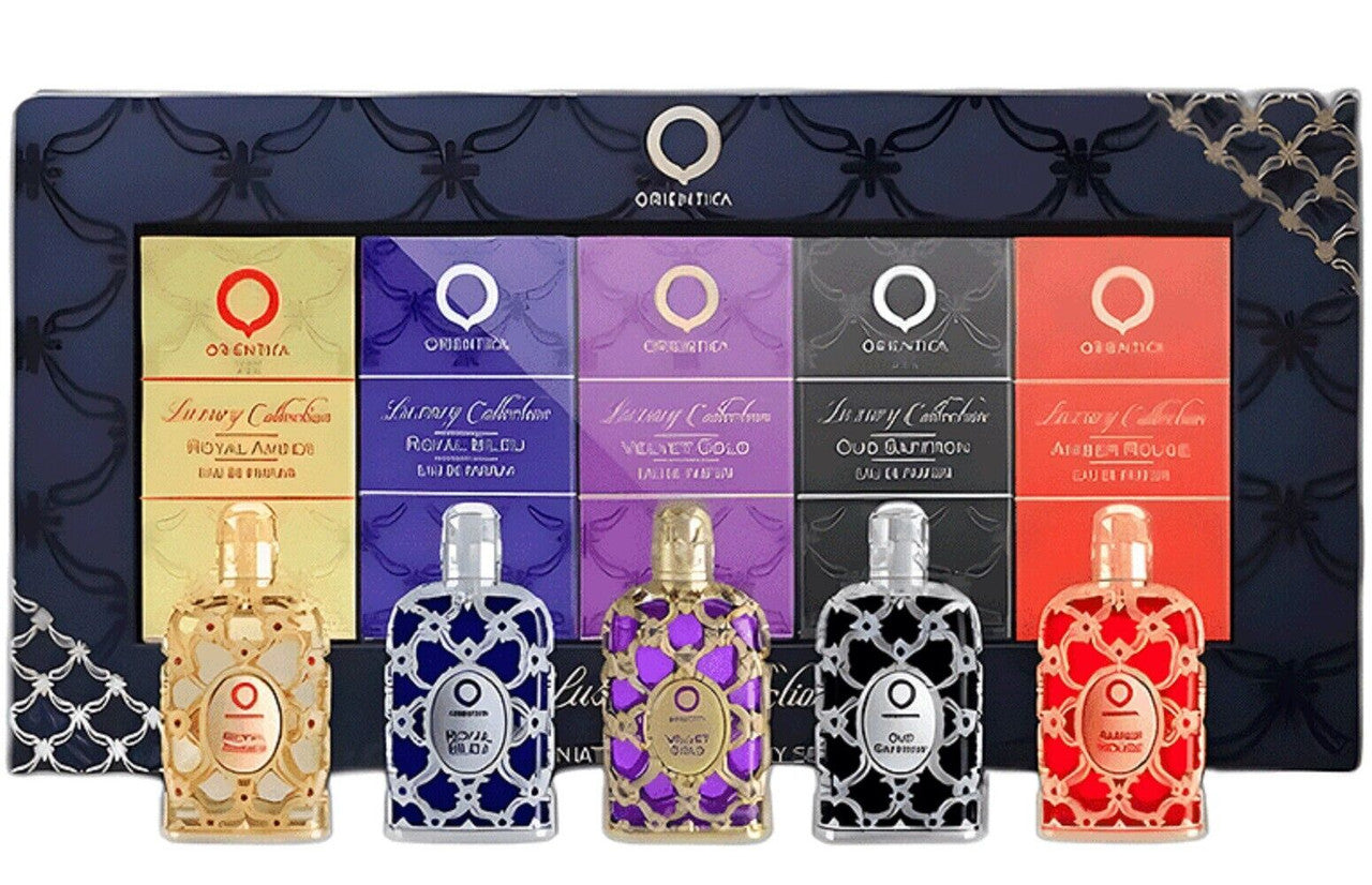 Orientica 5 Pcs Mini Set: Royal Amber 0.25 Eau De Parfum + Amber Rouge 0.25 Eau De Parfum + Oud Saffron 0.25 Eau De Parfum + Vel