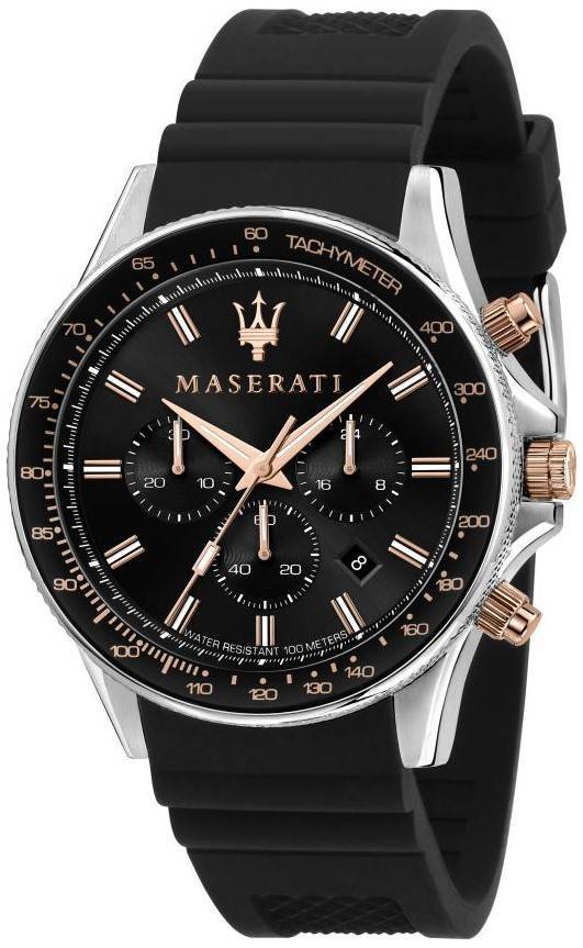 Maserati Sfida Chronograph Silicone Strap Black Dial Quartz R8871640002 100M Mens Watch