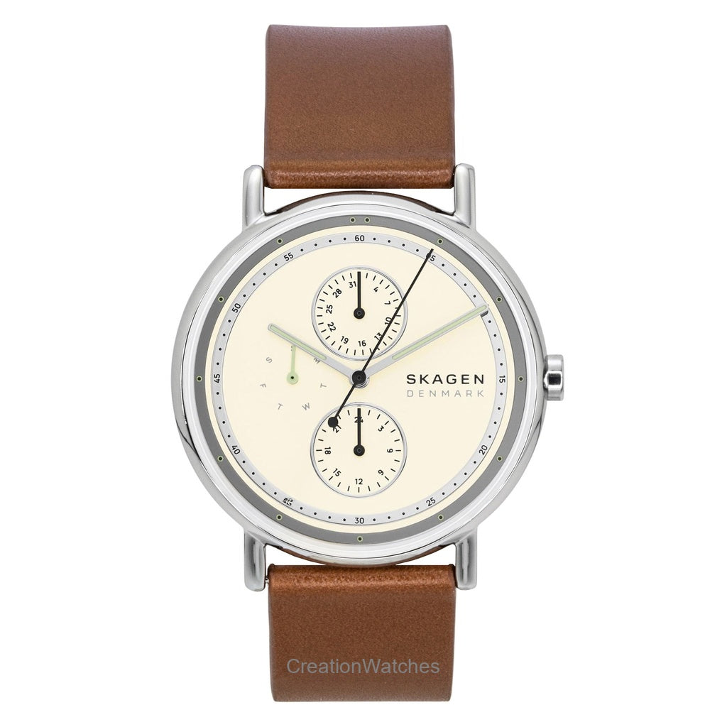 Skagen Signatur Leather Strap Multifunction Cream Dial Quartz Skw6942 MenS Watch