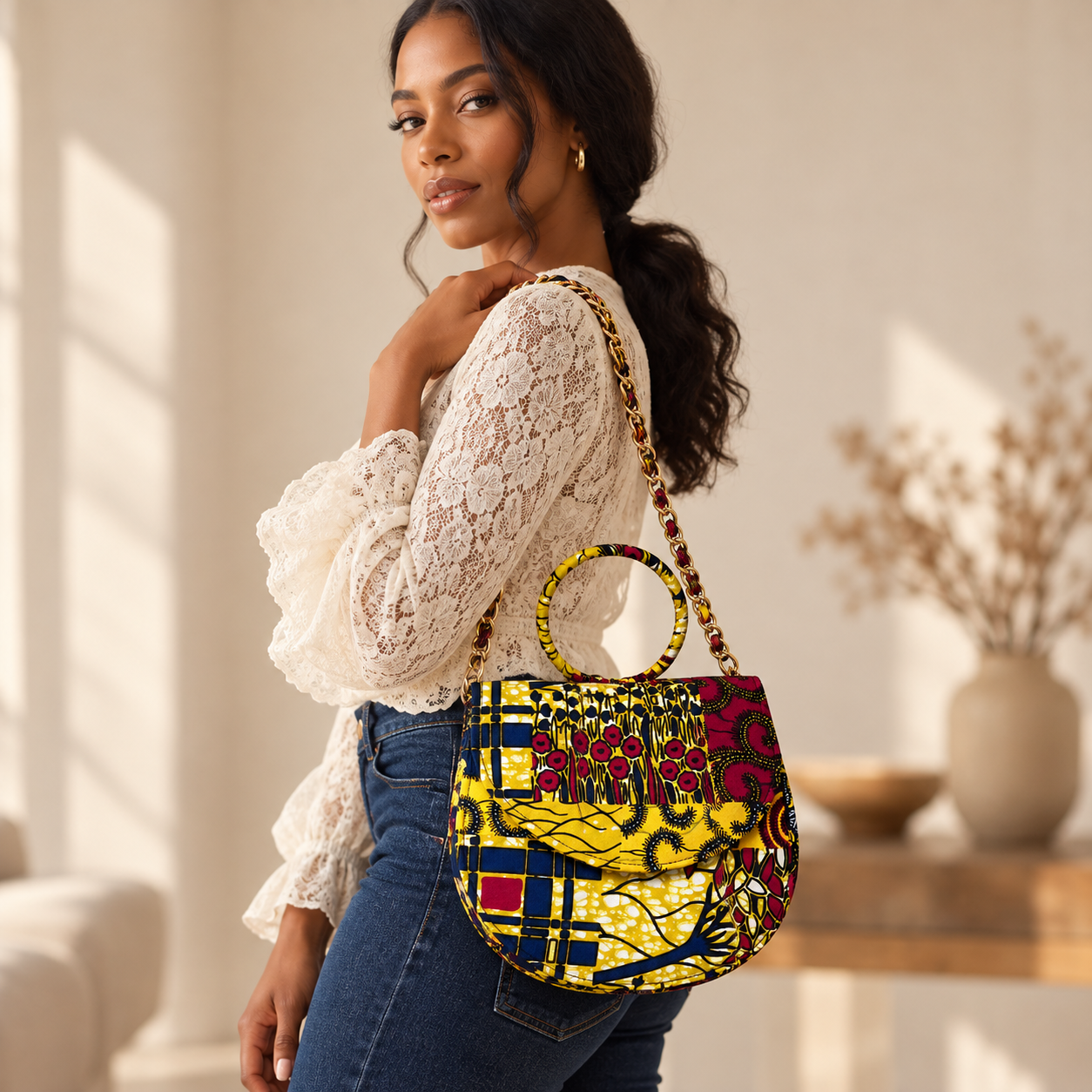 Syda African Print Ankara Handbag with Gold Chain