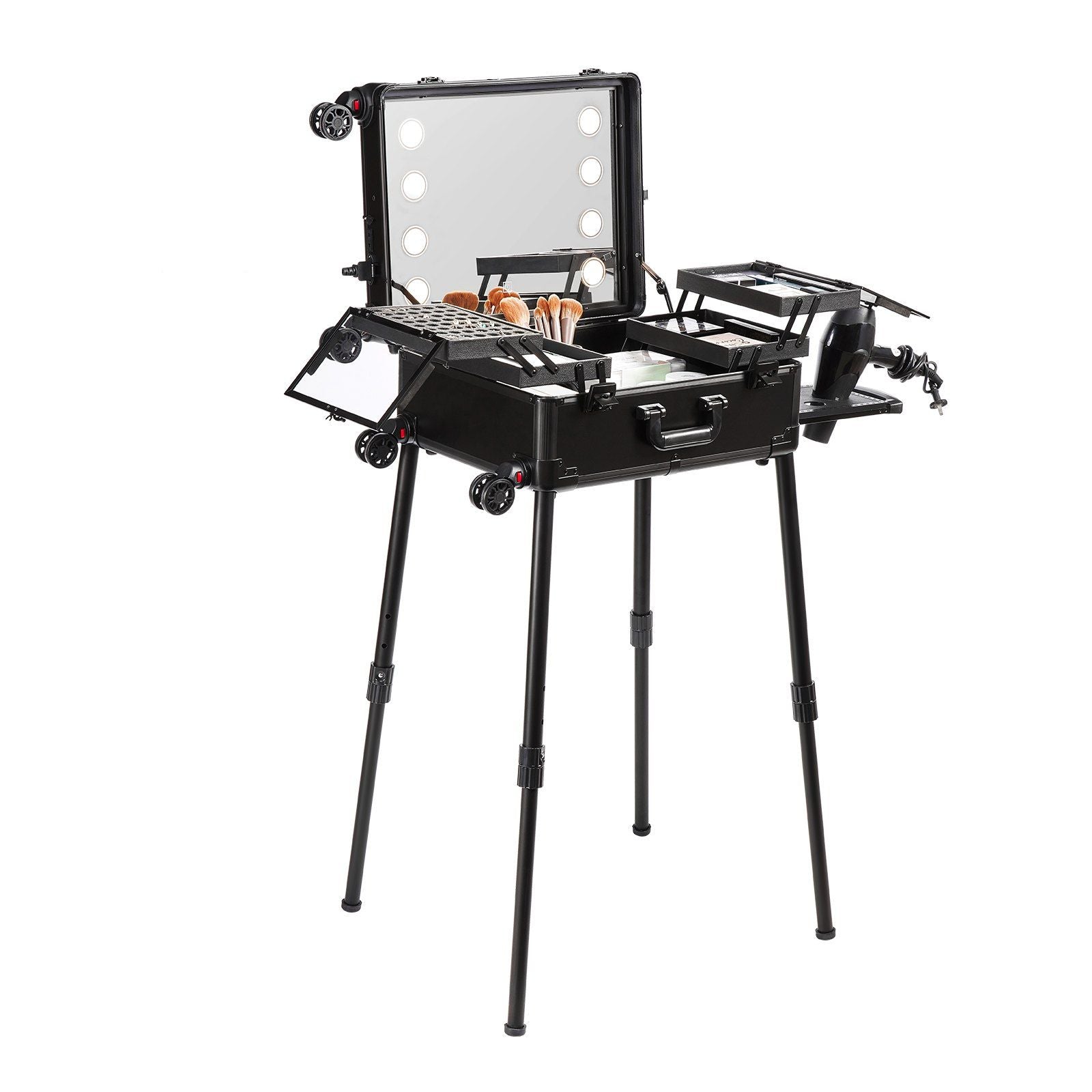 VEVOR Makeup Train Case with Lock, Lighted Mirror, 4 Storage Trays, Brush Holder, Speaker Travel Cosmetic Organizer Box w/ Swive