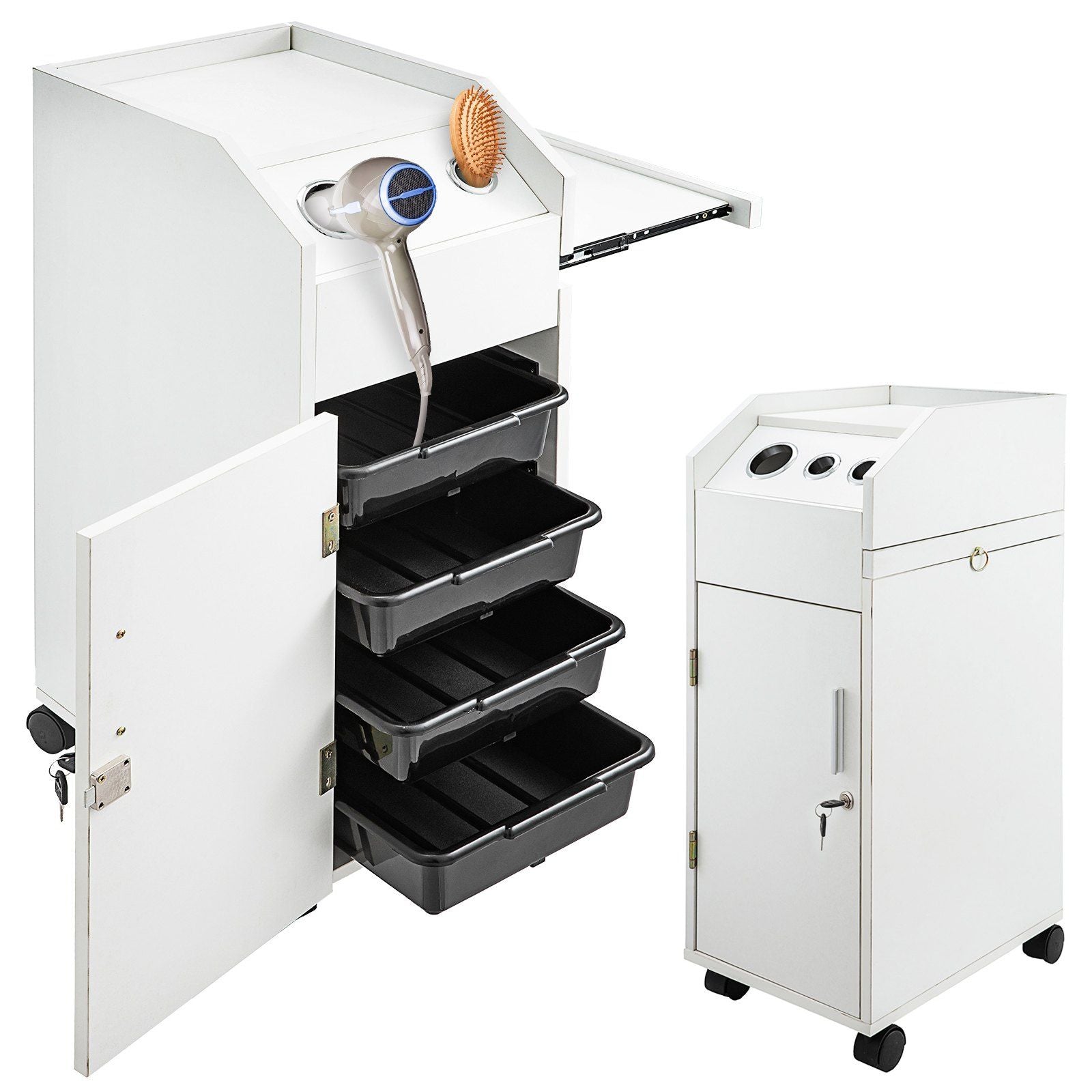 VEVOR Salon SPA Beauty Hairdressing Cart White Storage Trolley with 4 Drawers Rolling Wheels Lockable 2 Keys w/Hairdryer Holder 