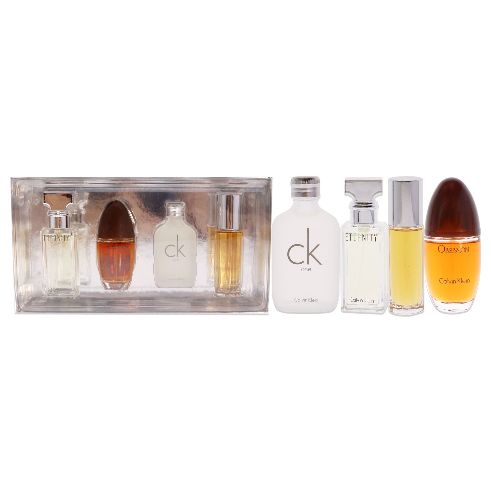 Calvin Klein Variety by Calvin Klein for Women - 4 Pc Mini Gift Set 0.5oz Obsession EDP Spray, 0.5oz CK One EDT Splash, 0.5oz Et