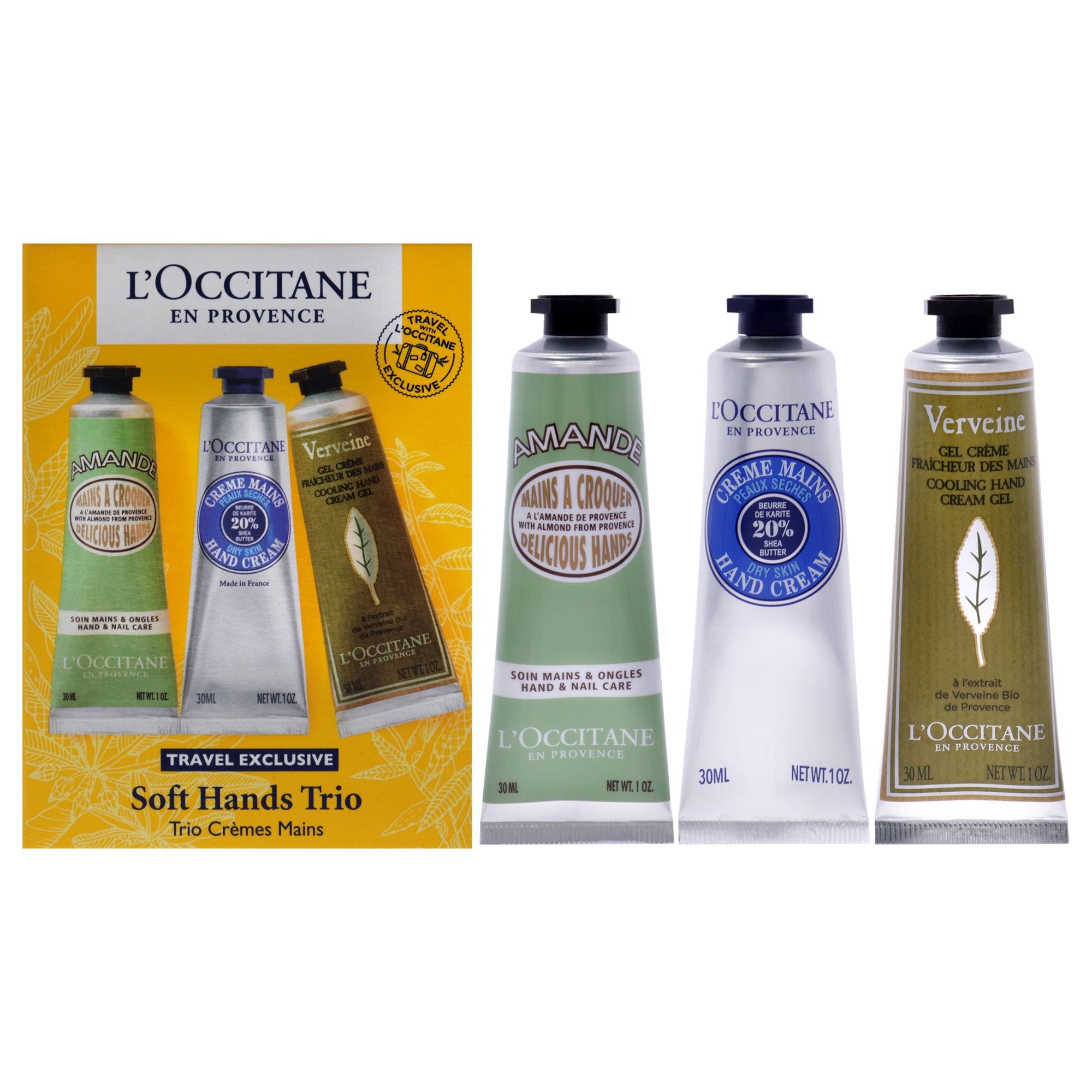 Soft Hands Trio by LOccitane for Women - 3 Pc 1oz Amande Delicious Hands, 1oz Shea Dry Skin Hand Cream, 1oz Verveine Cooling Han