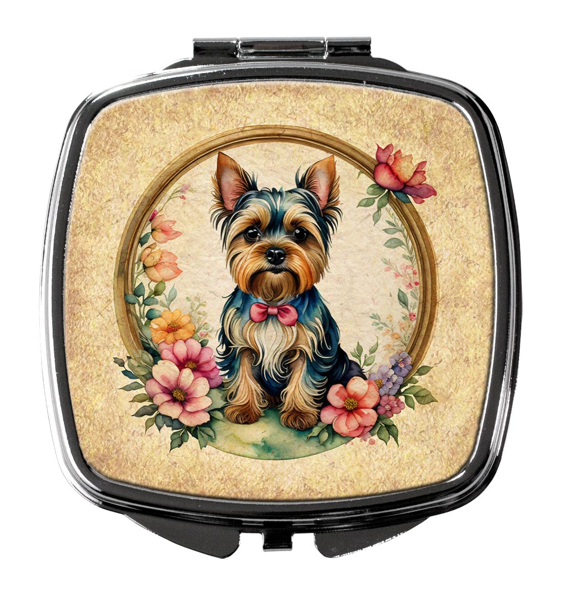 Yorkshire Terrier and Flowers Compact Mirror Decorative Travel Makeup Mirror for Women Girls Gifts Pocket Makeup Mirror Folding 